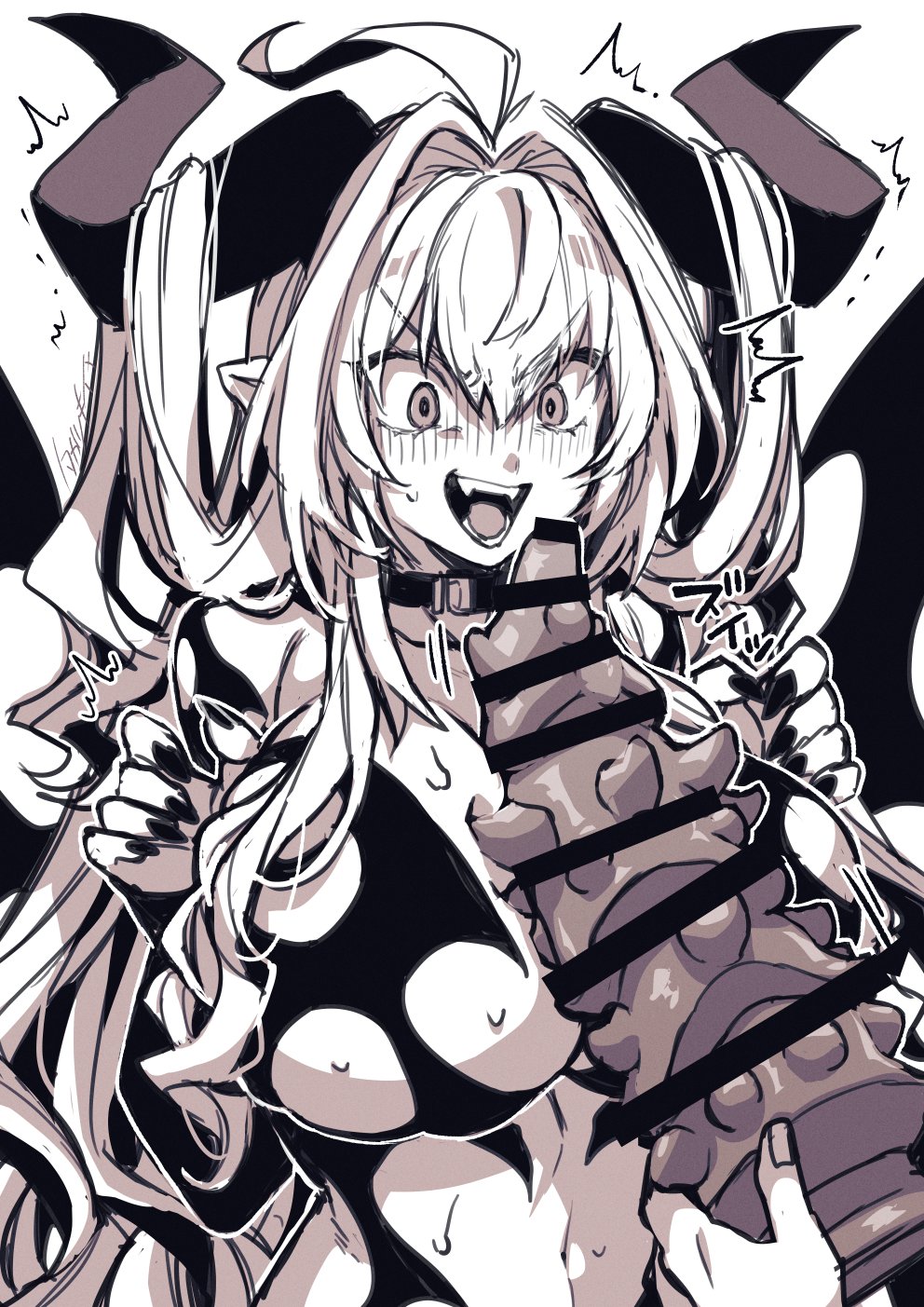 1girls blush censor_bar censored collar demon_girl dildo dildo_between_breasts excited horn large_breasts large_dildo monochrome original sweat takatsuki_ichi text