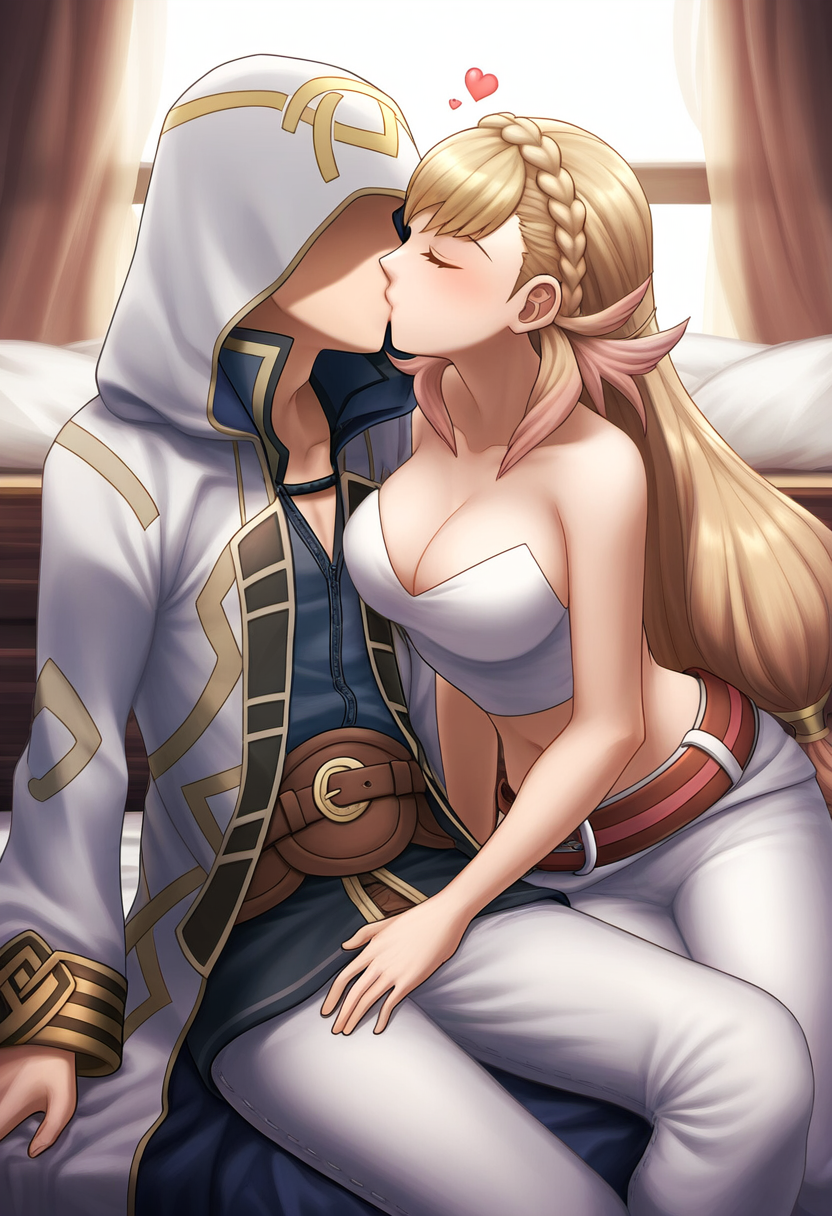 ai_generated bare_shoulders belt big_breasts fire_emblem fire_emblem_heroes hand_on_crotch heart kiran_(fire_emblem) kiran_(fire_emblem)_(male) kissing long_pants midriff nai_diffusion sharena_(fire_emblem) sitting stable_diffusion strapless white_clothes white_pants