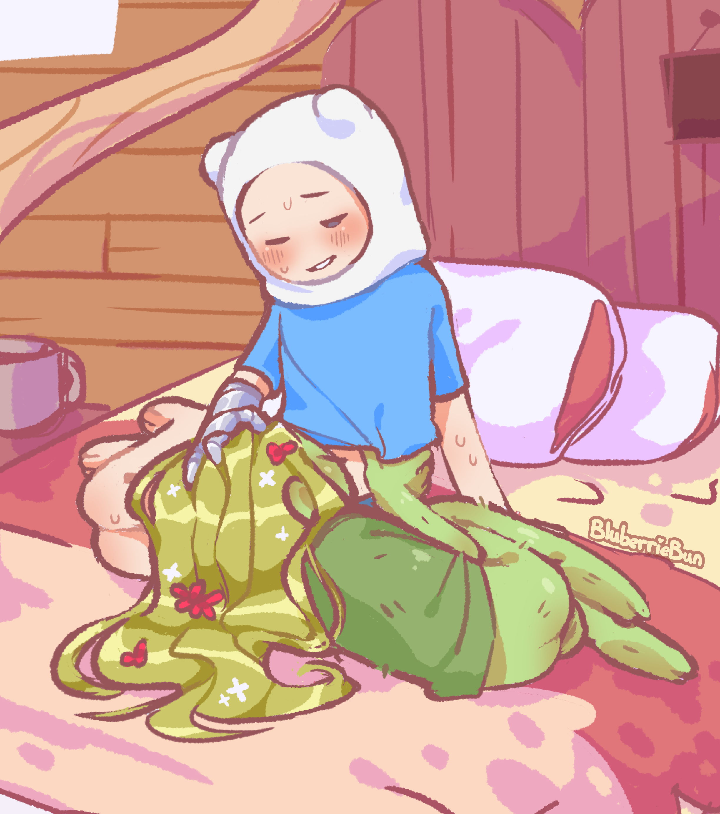 2boys, adventure time, bluberriebun, bottomless, fellatio, femboy, fern the human, finn the human, gay, gay sex, on bed, pale skin, pale-skinned male, yaoi