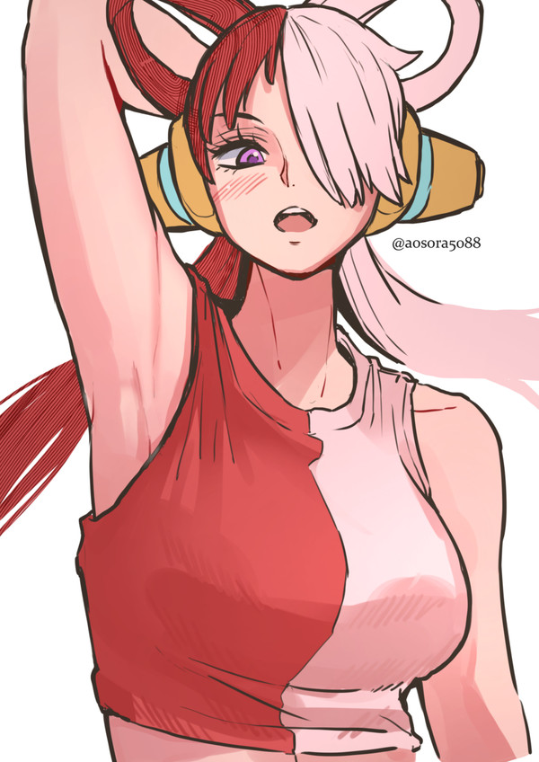 1girls, aosora, armpit, armpits, clothed, female, female only, one piece, red hair, red-haired female, split-color hair, twintails, two-tone hair, uta (one piece), white hair, white-haired female
