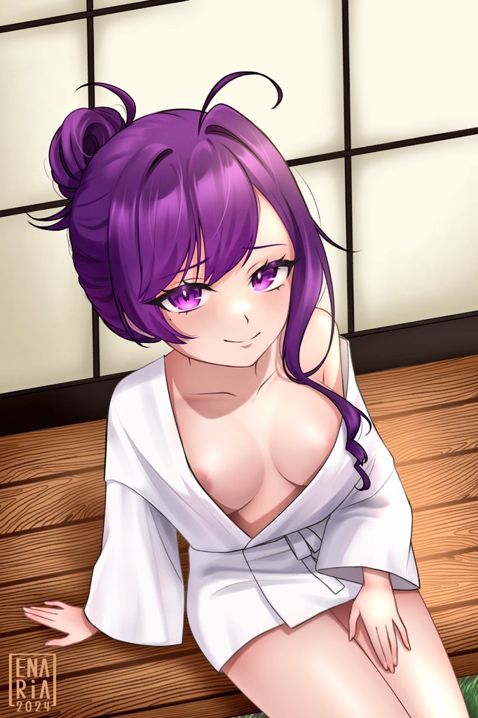 1girls areola breasts enaria_liliales enaria_liliales_(artist) female female_only light-skinned_female light_skin nexas_live nipple_bulge no_bra outdoors purple_eyes purple_hair smile solo virtual_youtuber