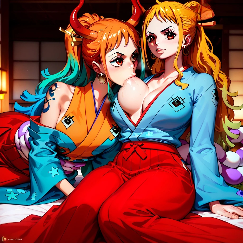 2025 2girls 2women ai_generated breast_size_difference breast_sucking breast_worship breastfeeding female/female huge_breasts japanese_clothes le_style_anon looking_at_partner nami nipples red_hakama sucking_nipples wano_country woman_sucking_breast yamato_(one_piece) yuri