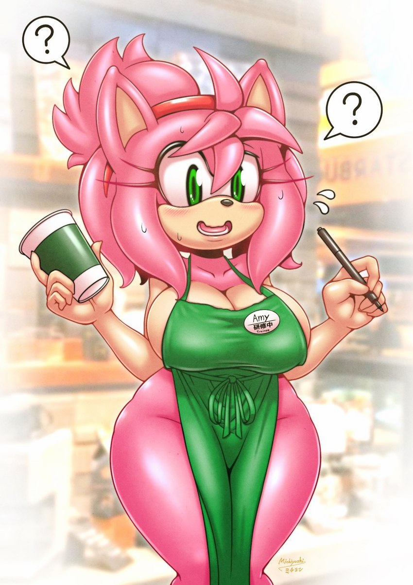 5_fingers ? alternate_version_available amy_rose anthro apron apron_only barista big_breasts boobs cleavage furry green_eyes holding_object i_mean_breast_milk iced_latte_with_breast_milk large_breasts meme michiyoshi naked_apron nervous pink_fur pink_hair ponytail sega sideboob sonic_(series) sonic_the_hedgehog_(series) starbucks surprised surprised_expression sweat sweatdrop thick thick_ass thick_thighs thighs tits