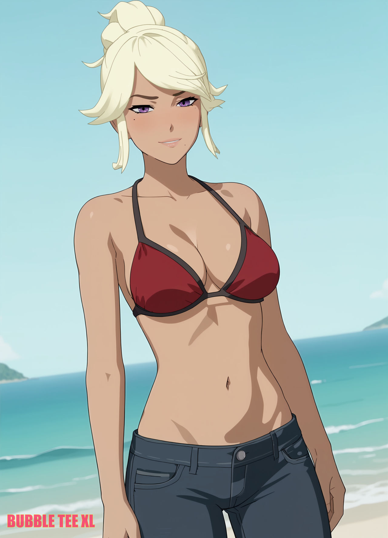 1girls ai_generated blonde_hair bubbleteexl dark-skinned_female purple_eyes robyn_hill rwby