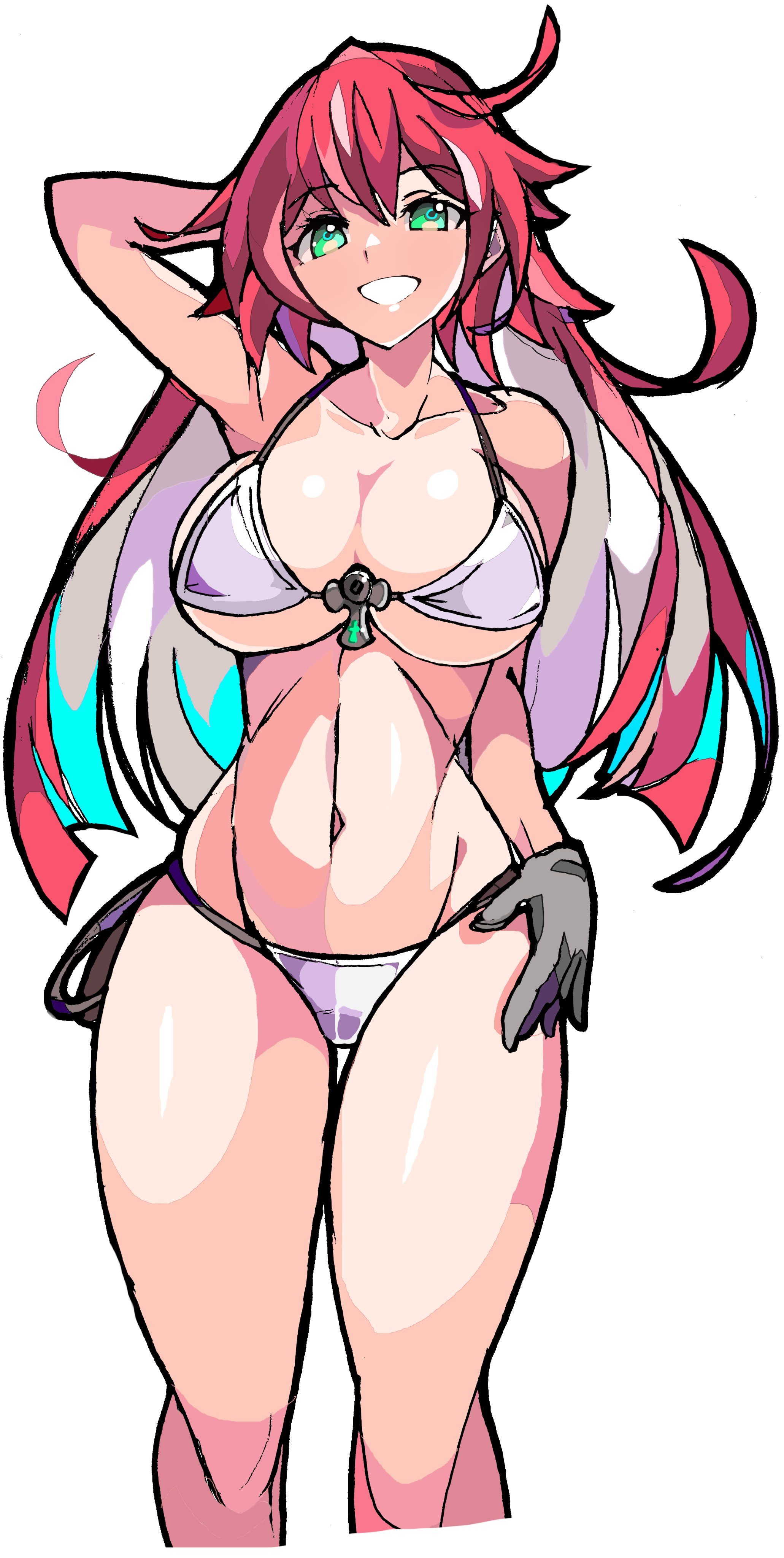 bikini, enpe, green eyes, guilty gear, guilty gear strive, jack-o' valentine, multicolored hair, pink hair, red hair, showing off, swimsuit, white hair