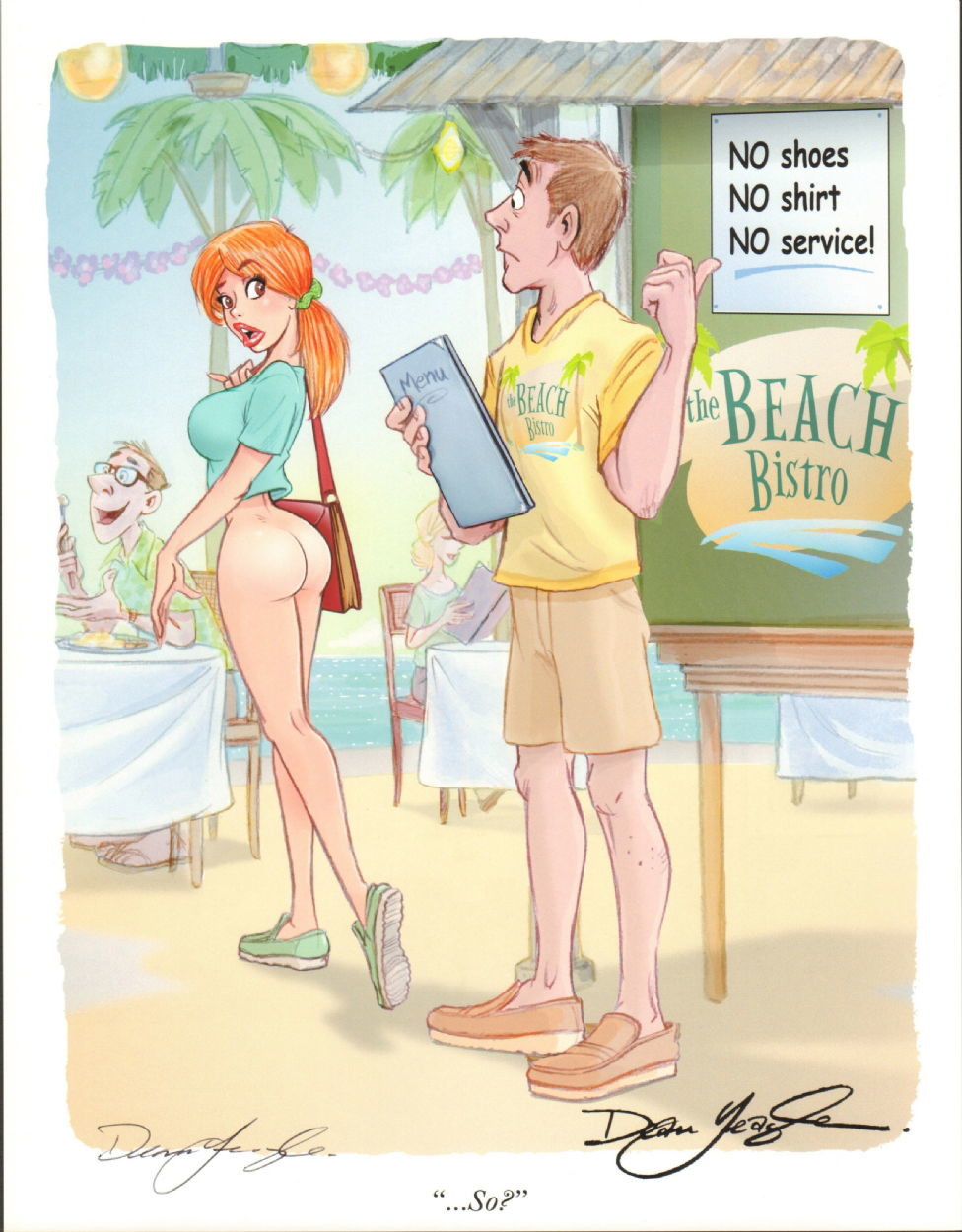 1female 1girl 1man 1woman 2d ass beach butt cdean_yeagle english_text green_shorts no_panties no_pants partially_nude ponytail red_hair