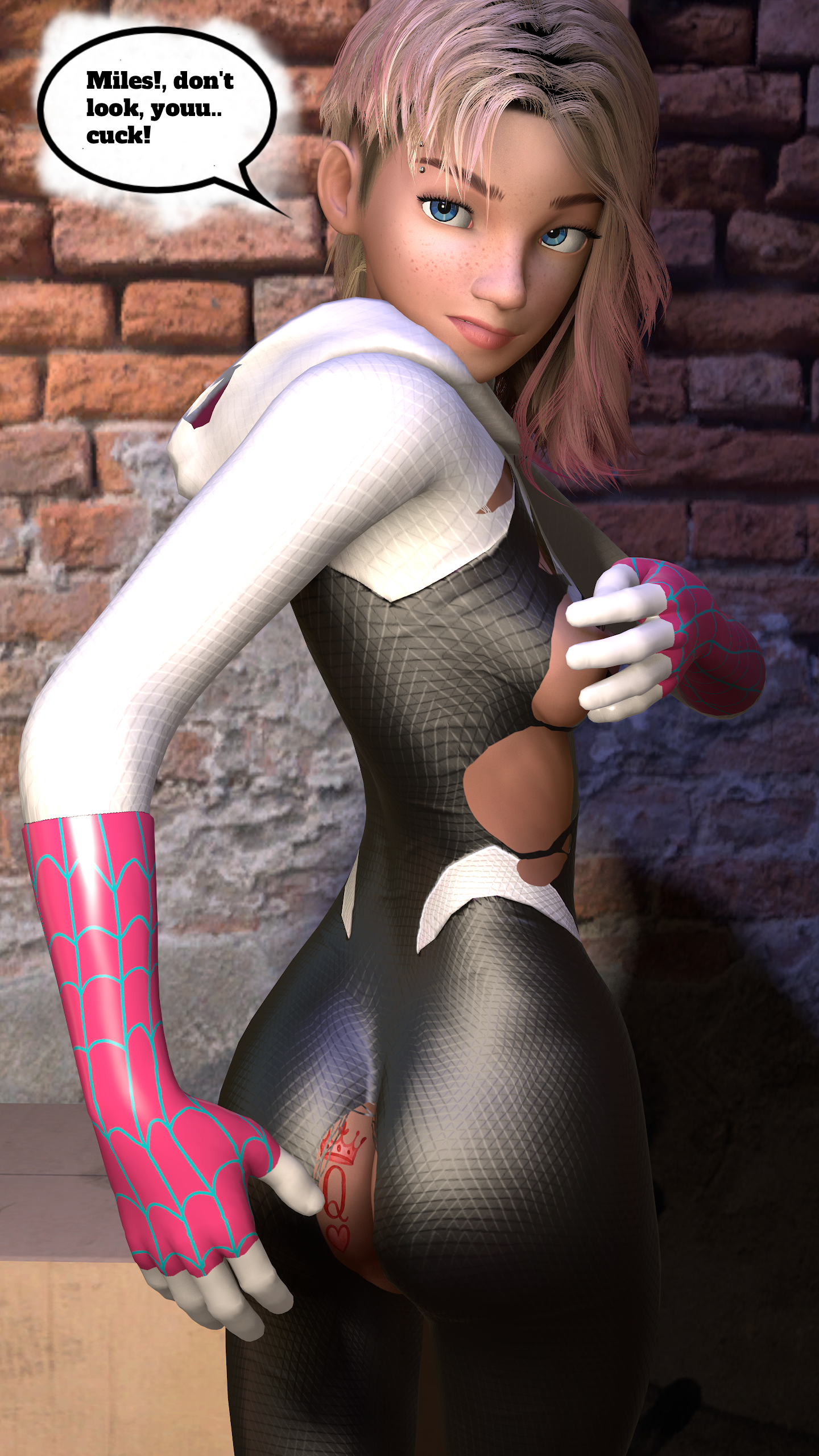 3d, accidental exposure, angry expression, angry face, back alley, backalley, big eyes, blonde hair, blue eyes, body writing, breasts, bubble ass, bubble butt, bullying, cheating, cheating girlfriend, cosplay, covering, covering ass, covering breasts, cuck pov, cuckold, cuckold pov, cuckolding, exposed ass, exposed breasts, exposure, female, freckles, freckles on face, frosted tips, funny, gearslad7, gwen stacy, gwen stacy (spider-verse), hidden, hidden body writing, hidden tattoo, innie pussy, long eyelashes, looking at camera, looking at viewer, marvel, marvel comics, middle finger, pierced eyebrow, piercing, piercings, public, pussy, queen of hearts, queen of hearts tattoo, raceplay, revealing clothes, secret tattoo, smile, speech bubble, spider-gwen, spider-man (series), spider-man: into the spider-verse, superhero, superheroine, superheroine costume, superheroine in trouble, tattoo, teasing, teenage female, teenager, text, torn clothes, torn clothing, young, young female