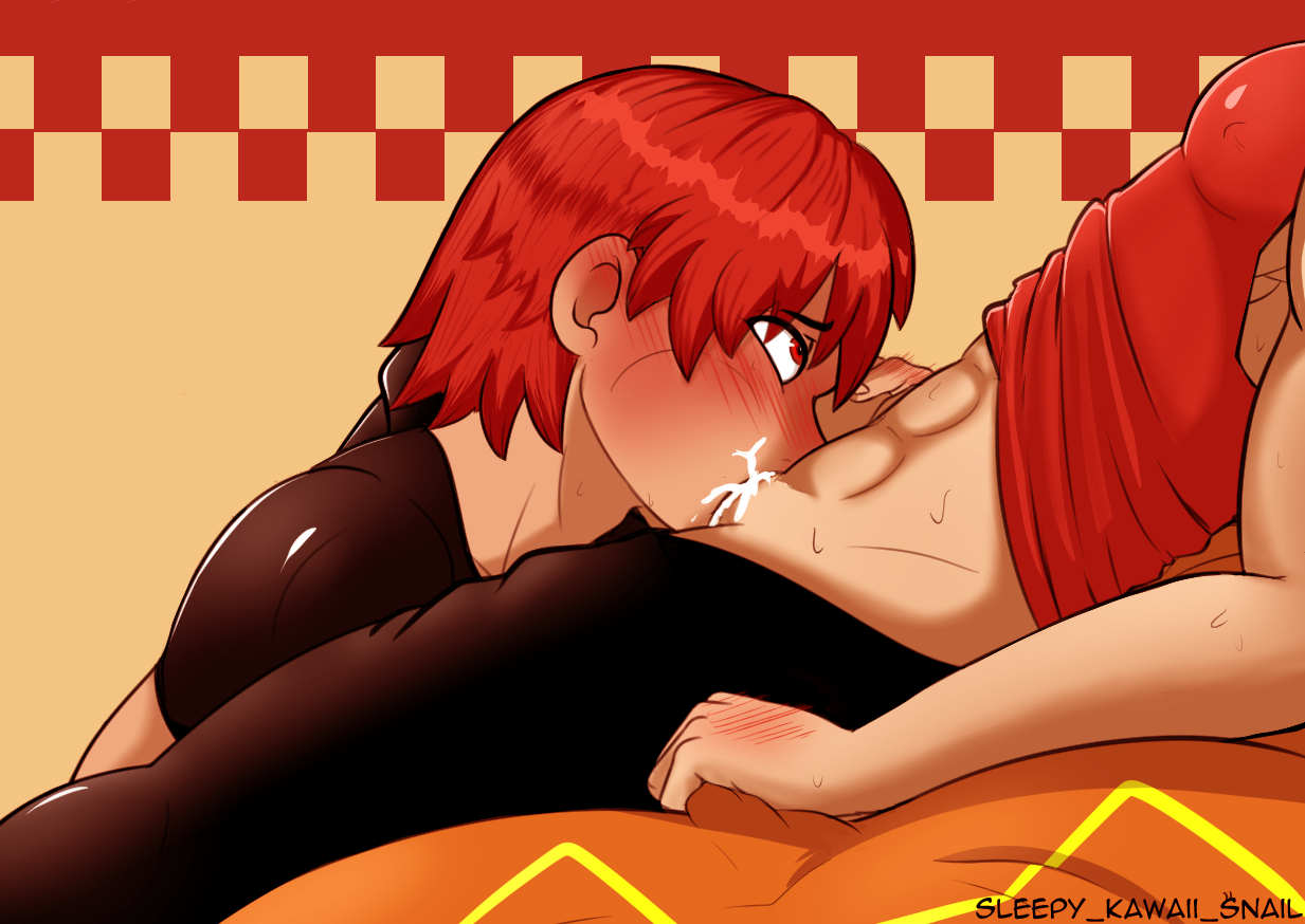 all the way to the base, blowjob, blush, clothed female, clothed sex, cum, cum in mouth, cum in throat, cum inside, cum spill, deepthroat, eijirou kirishima, eye contact, fellatio, female, gay, katsuki bakugou, male, male/male, malesub, mouthful, my hero academia, oral, red eyes, red hair, sleepy kawaii snail, yaoi