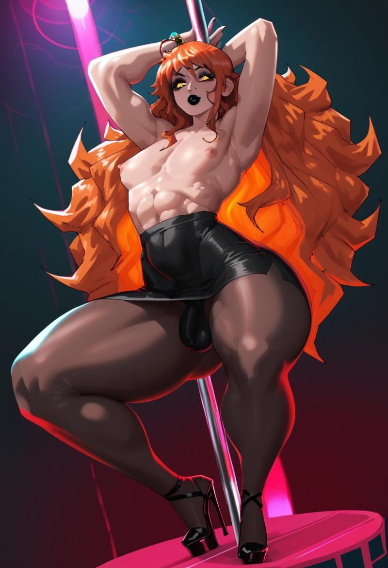 ai_generated axred7_style bara_tiddies black_lipstick eyeshadow femboy heels makeup male male_only nami nami_(one_piece) nikolgreen one_piece orange_hair otoko_no_ko otokonoko pantyhose pole_dancing skirt stable_diffusion thick_thighs trap