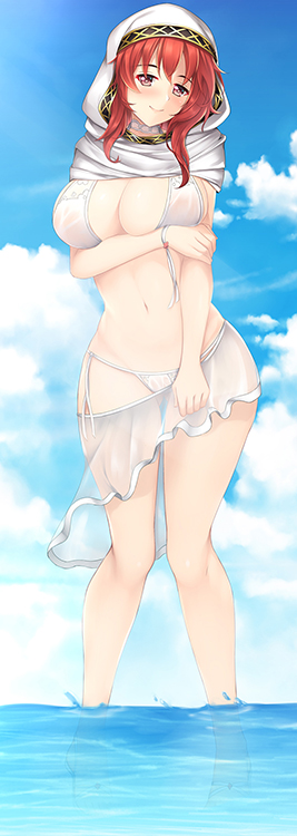 1girls alternate_costume ass_visible_through_thighs bikini breasts cosplay euforia female female_only fire_emblem fire_emblem:_mystery_of_the_emblem fire_emblem:_shadow_dragon_and_the_blade_of_light large_breasts lena_(fire_emblem) nintendo official_alternate_costume partially_submerged red_hair sarong see-through see-through_sarong solo swimsuit wading white_bikini white_swimsuit