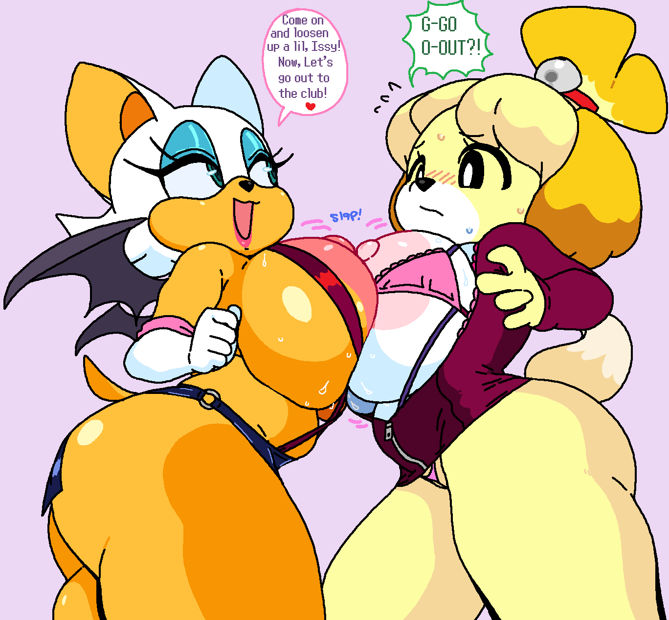 2girls animal_crossing anthro areolae bat big_breasts breast_press breasts busty canine cassettedream chiropteran crossover dialogue dream-cassette female female_only huge_breasts isabelle_(animal_crossing) large_breasts nipples panties rouge_the_bat sonic_(series) sonic_the_hedgehog_(series) sweat sweaty_body text thick_thighs voluptuous voluptuous_female wide_hips