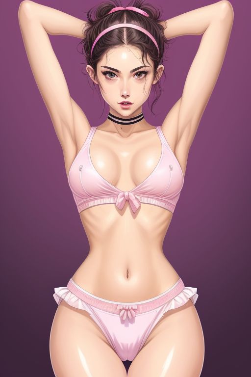 ai_generated bra brown_hair drawing headband lingerie_only pink_panties realistic