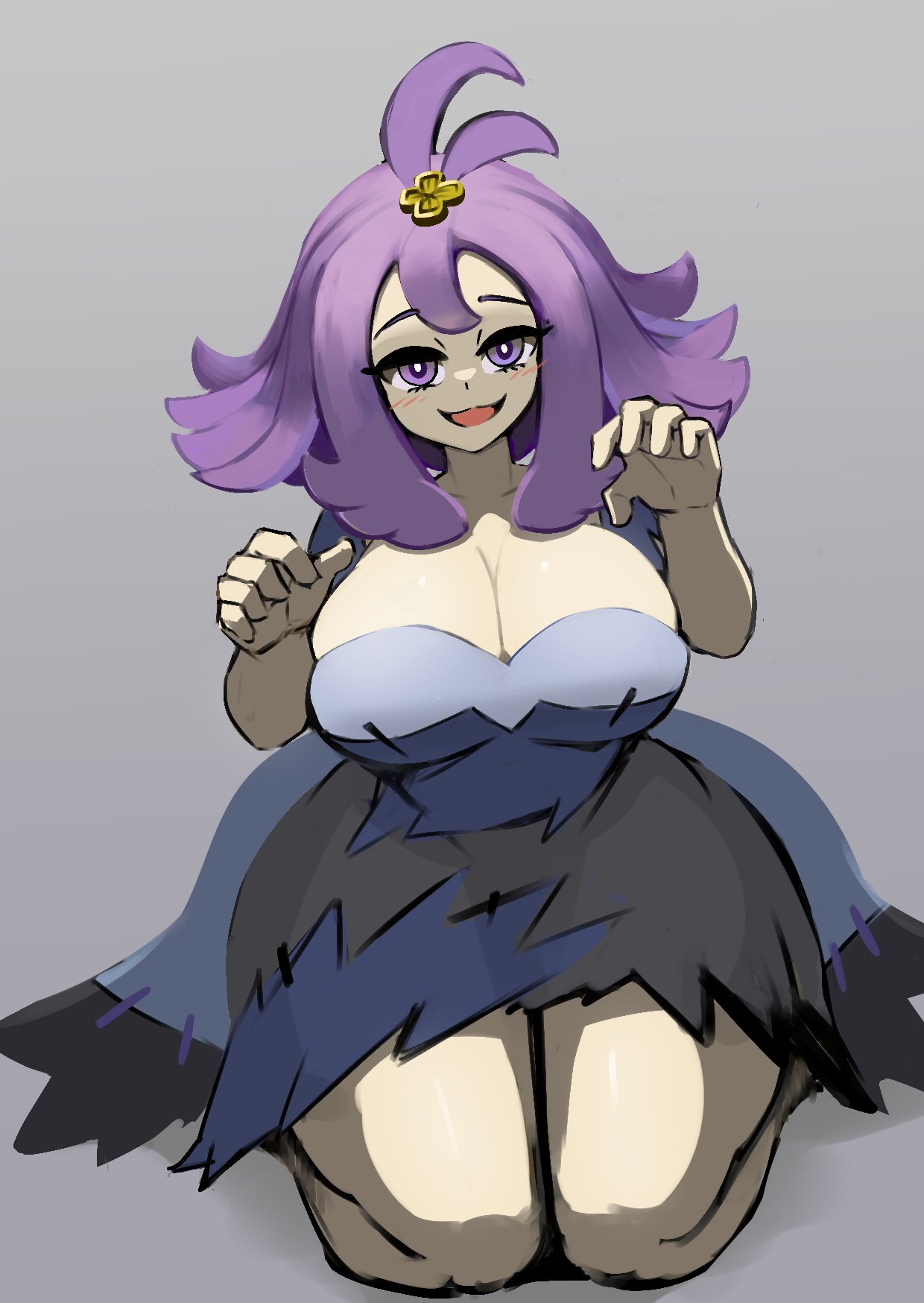 1girls acerola_(pokemon) cleavage dress female gipehtyboon huge_breasts looking_at_viewer messy_hair pokemon pokemon_sm purple_hair sitting_down smile thick thick_thighs voluptuous wip yboon