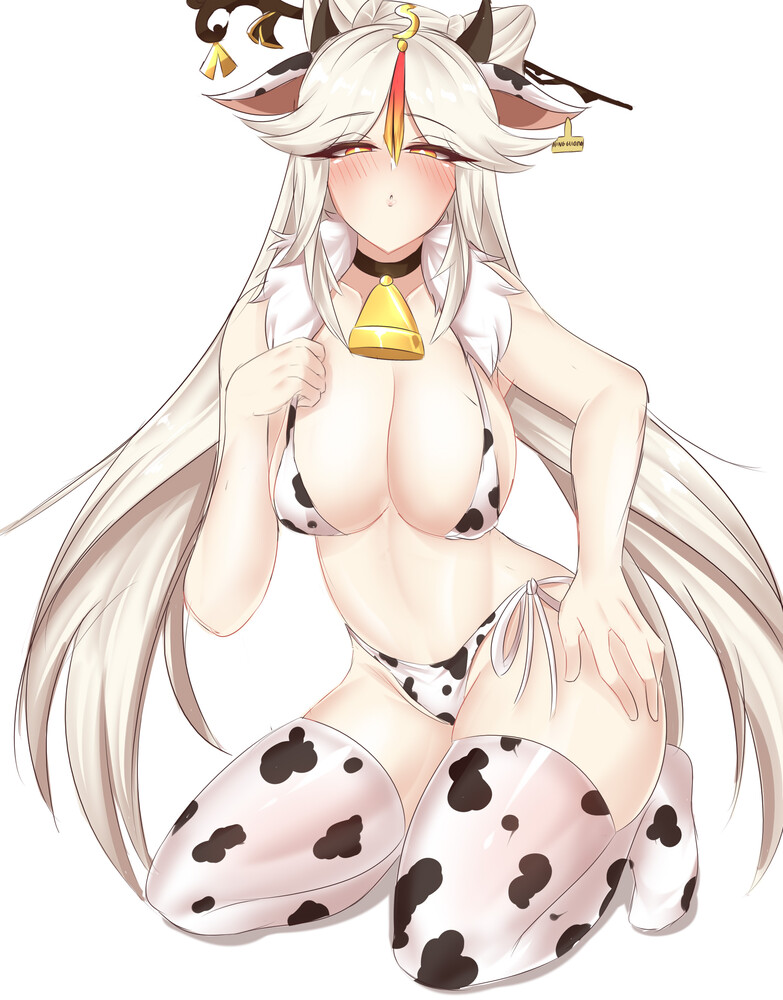 1girls, alternate costume, ass, bent knees, big ass, big breasts, bikini, breasts, cow costume, cow ears, cow girl, cow horns, cowbell, female, female only, genshin impact, horny, large breasts, long hair, ningguang (genshin impact), solo, striped, stukov, suggestive, thighhighs, white background, white hair, wide hips