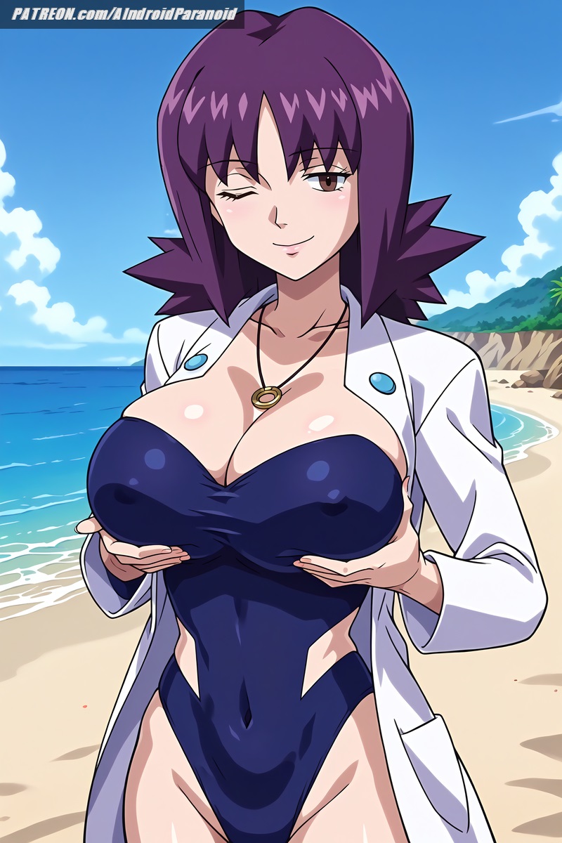 ai_generated aindroidparanoid ass beach big_ass big_breasts big_butt breasts brown_eyes busty cleavage curvy fat_ass female female_only grabbing_own_breast huge_breasts large_breasts mature mature_female milf narrow_waist nipples pokemon pokemon_(species) professor professor_ivy_(pokemon_anime) purple_hair squeezing_breast stable_diffusion swimsuit voluptuous waist