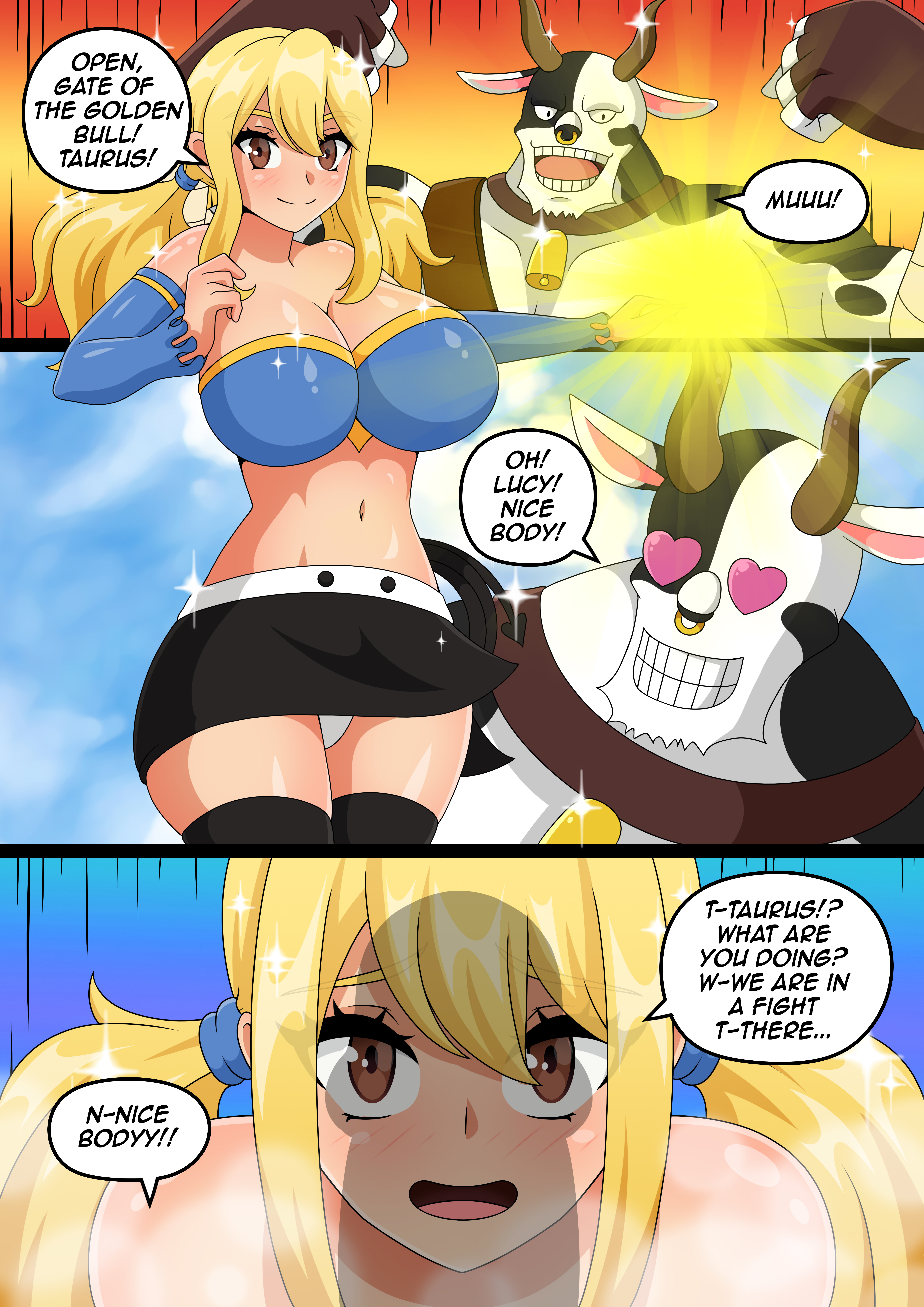 anthro, anthro on human, big breasts, big penis, blonde hair, blonde-haired female, breasts, comic, deep penetration, deepthroat, erebeta, fairy tail, female, furry, huge breasts, human, human on anthro, irrumatio, large breasts, lucy heartfilia, male, penetration, penis, rape, sex, taurus (fairy tail), thick thighs, thighhighs