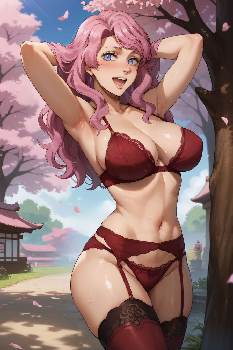 1girls ai_generated armpits arms_up big_breasts black_clover bra breasts garter_straps hi_res large_breasts lingerie maxartison panties pink_hair purple_eyes skimpy stockings thick_thighs thighhighs thighs thong vanessa_enoteca voluptuous