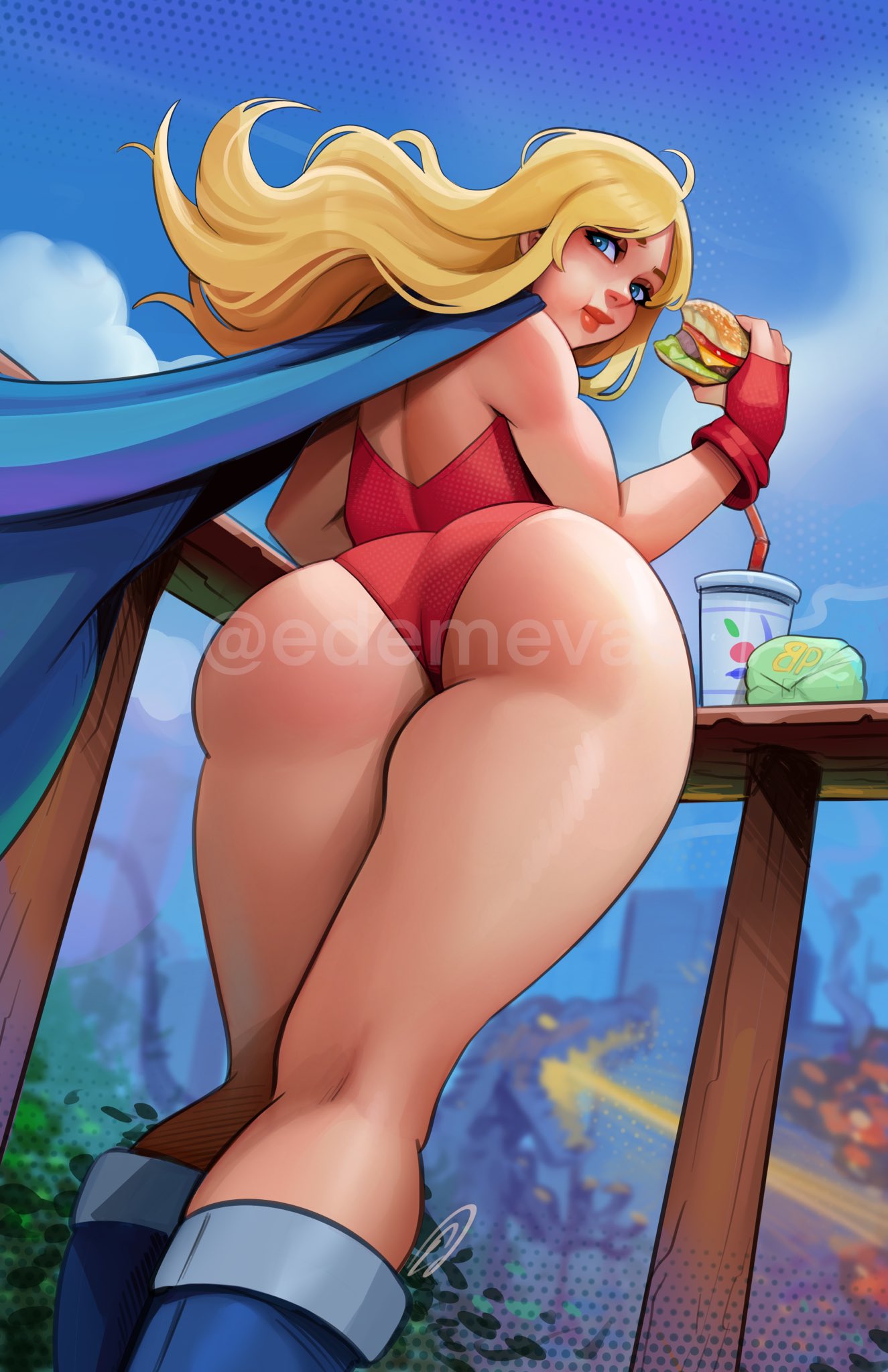 1girls, ass, blonde female, blonde hair, edemevas, female, female only, looking at viewer, looking back, original, solo, solo female, thighs
