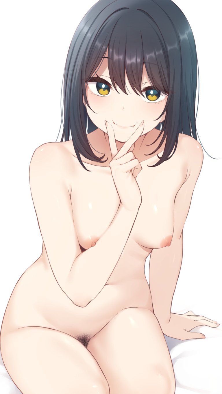 black_hair black_pubic_hair breasts closed_mouth completely_nude female female_pubic_hair highres looking_at_viewer medium_breasts nagami_yuu nipples nude original pubic_hair simple_background sitting smile solo white_background