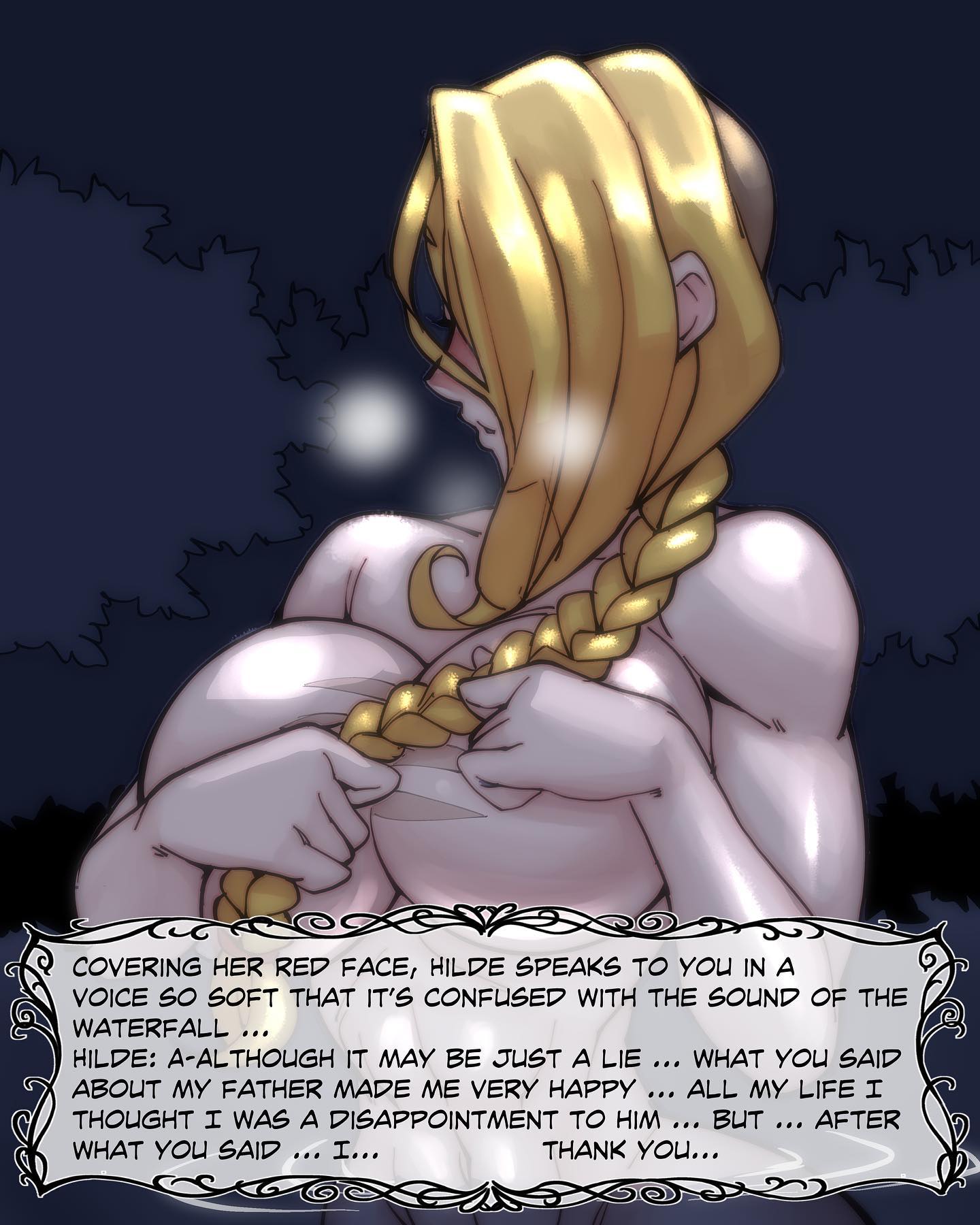 1girls 2019 blonde_female blonde_hair blush breasts covering_face english_text hilde_(nisego) large_breasts looking_away narration night nisego original playing_with_hair scars text undercut water