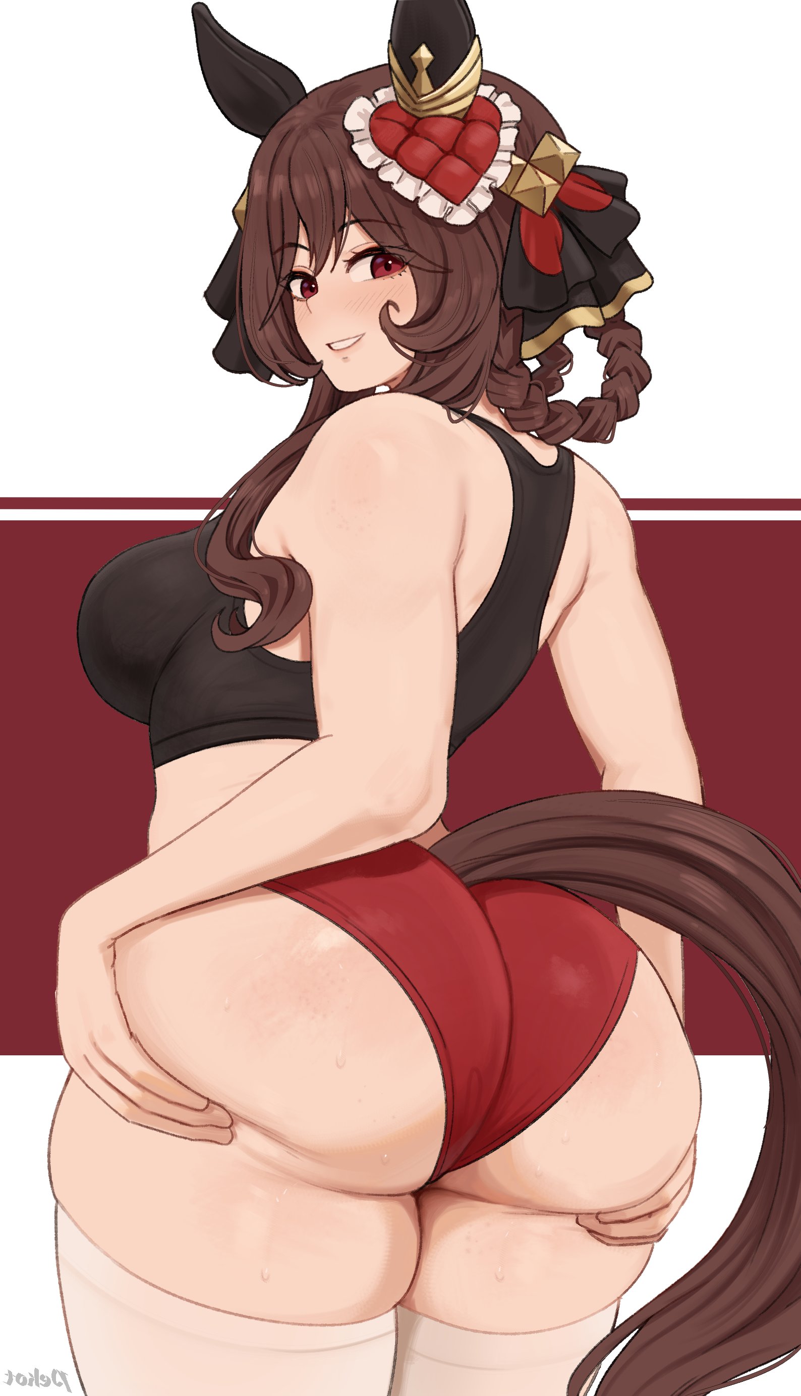 1girl, ass focus, ass support, black sports bra, blush, brikot, brown hair, from behind, gentildonna (umamusume), horse ears, horse girl, horse tail, huge ass, large breasts, looking at viewer, looking back, pekot, red buruma, red eyes, smile, solo, thick thighs, umamusume, umamusume pretty derby, white thighhighs