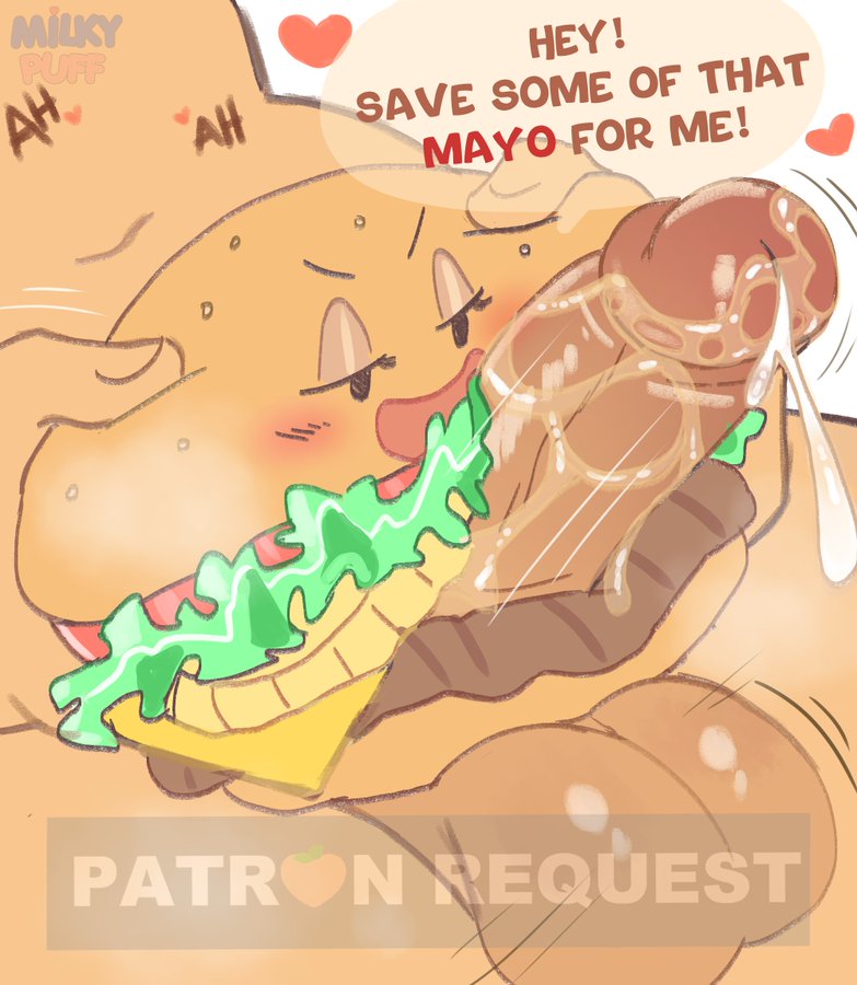 animate_inanimate artist_logo burger burger_fucking commission cum_drip cum_in_food cum_on_food faceless_male food_fetish living_food messy_sex milkypuff penile_penetration penis_in_food text_box watermark what