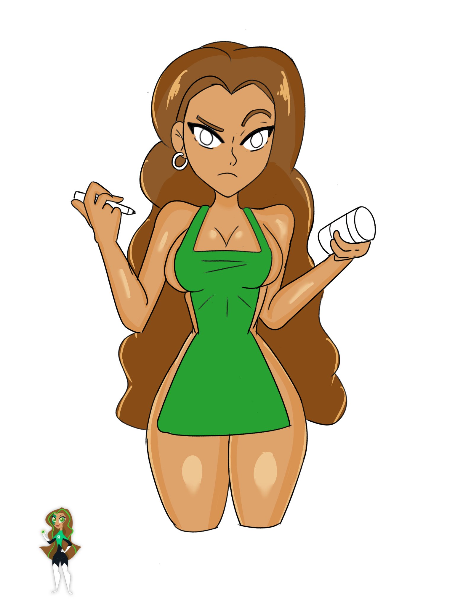 1girls, angry face, apron, apron only, breasts, brown hair, cafe, curvy, curvy body, curvy female, curvy figure, dc, dc comics, dc super hero girls, elfarto, female, female only, green apron, green lantern, iced latte with breast milk, jessica cruz, latina, long hair, looking at viewer, meme, naked, naked female, nude, nude female, nude underneath, solo, thighs, very long hair, white background