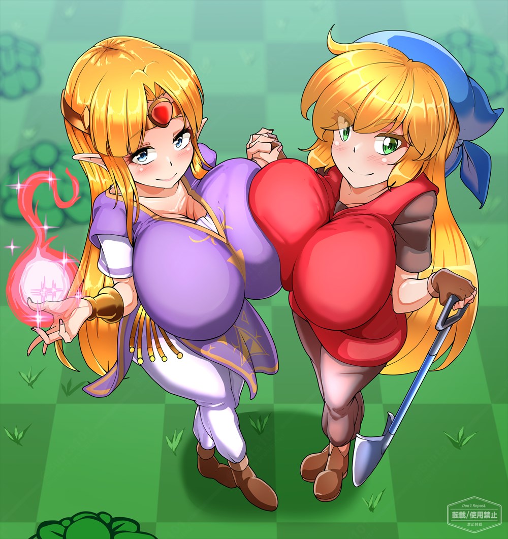 2girls blonde_hair blue_eyes blush boots breasts breasts_press buuta_(densya101) cadence_(crypt_of_the_necrodancer) cadence_of_hyrule crypt_of_the_necrodancer full_body full_color fully_clothed green_eyes holding_hands magic nintendo shovel smile sweat sweatdrop the_legend_of_zelda white_skin yellow_hair zelda_(a_link_between_worlds)