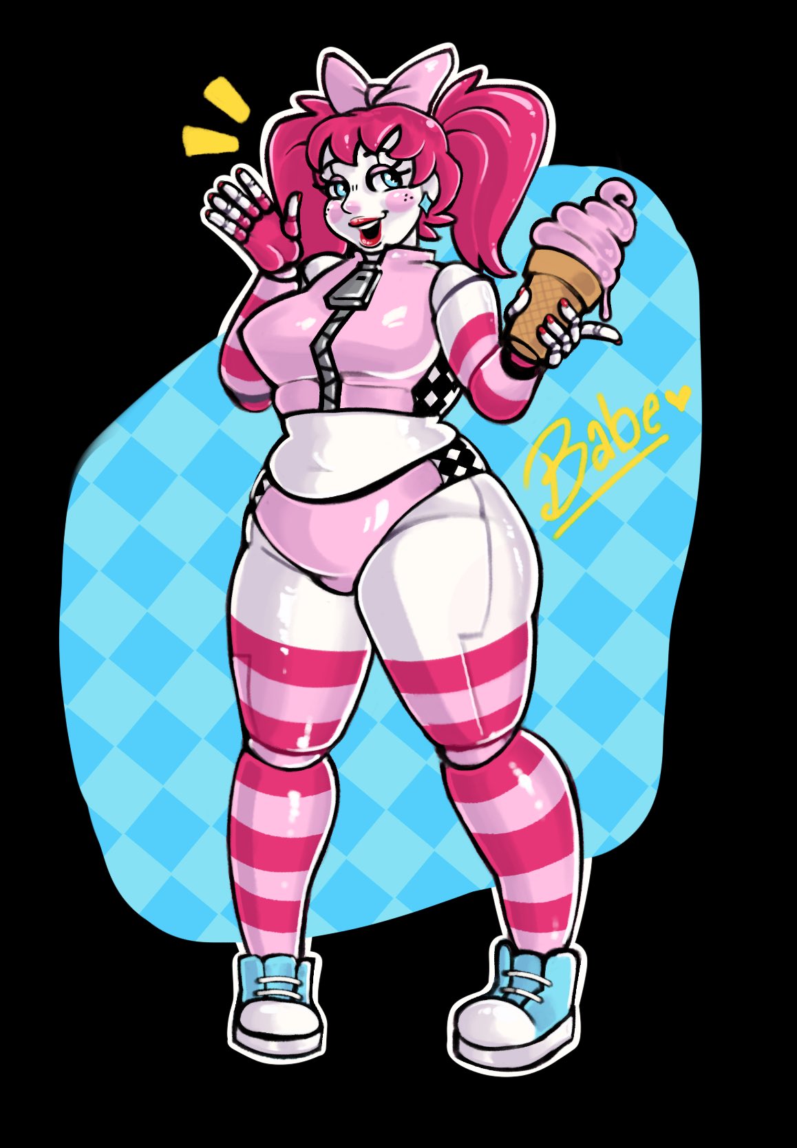 arm warmers, baby (fnafsl), blue eyes, bow, circus baby, circus baby (fnaf), clown, clown girl, curvy, curvy female, curvy figure, five nights at freddy's, fnaf, ice cream, peachrot, pink hair, pinkypills, pinup, robot, robot girl, rosy cheeks, shiny, solo, thighhighs, toy baby, twintails, zipper