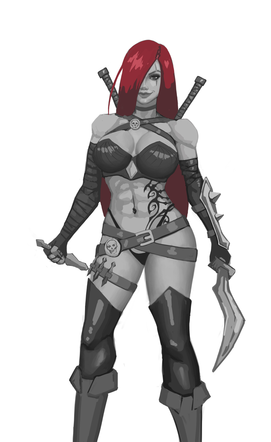 1girls abs citizen124c4i female female_focus female_only hair_over_one_eye katarina_du_couteau large_breasts league_of_legends red_hair riot_games scar simple_background solo solo_female solo_focus tattoo thong white_background