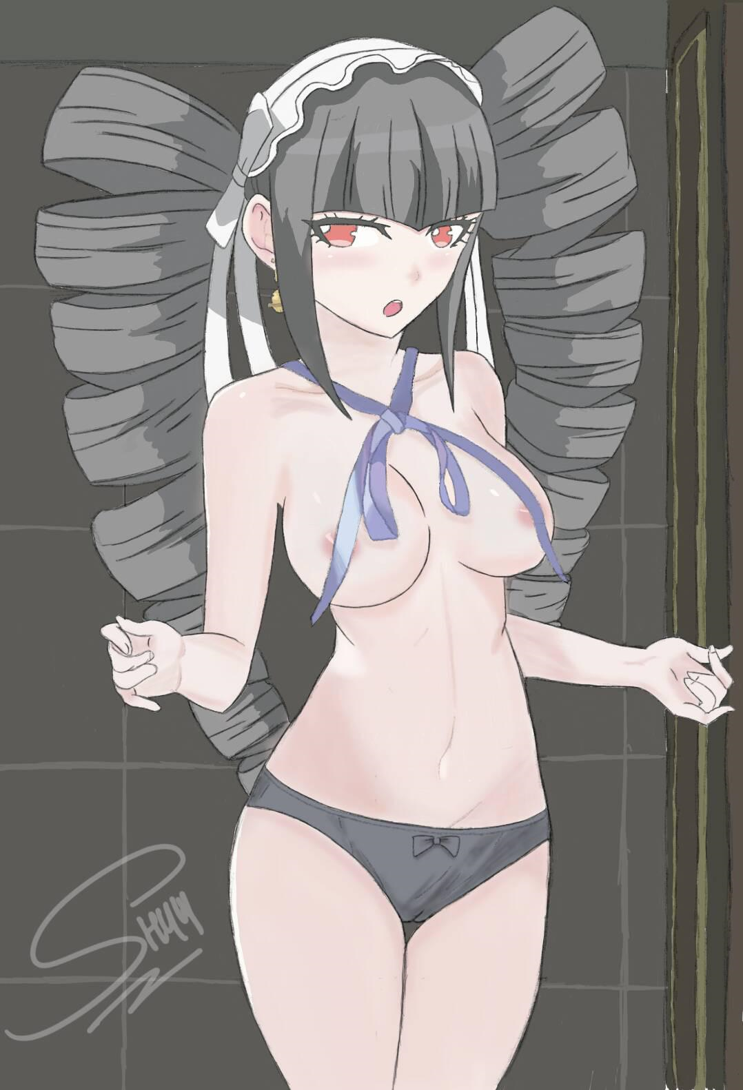 2022, bathroom, black background, black hair, black panties, breasts, celestia ludenberg, danganronpa, danganronpa 1, danganronpa: trigger happy havoc, drill hair, female, female only, gold earrings, gold jewelry, light skin, light-skinned female, no bra, nude, nude female, pale skin, pale-skinned female, panties, red eyes, shyly77, smooth skin, underwear, underwear only