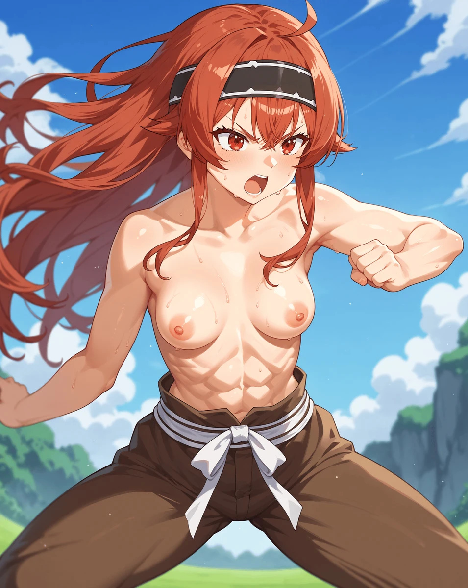 ai_generated angry angry_face areolae athletic_female eris_greyrat g-cup hairband large_breasts light-skinned_female light_skin long_hair muscular_female mushoku_tensei nipples red_eyes red_hair shorts solo_female squatting sweat sweatdrop voluptuous voluptuous_female