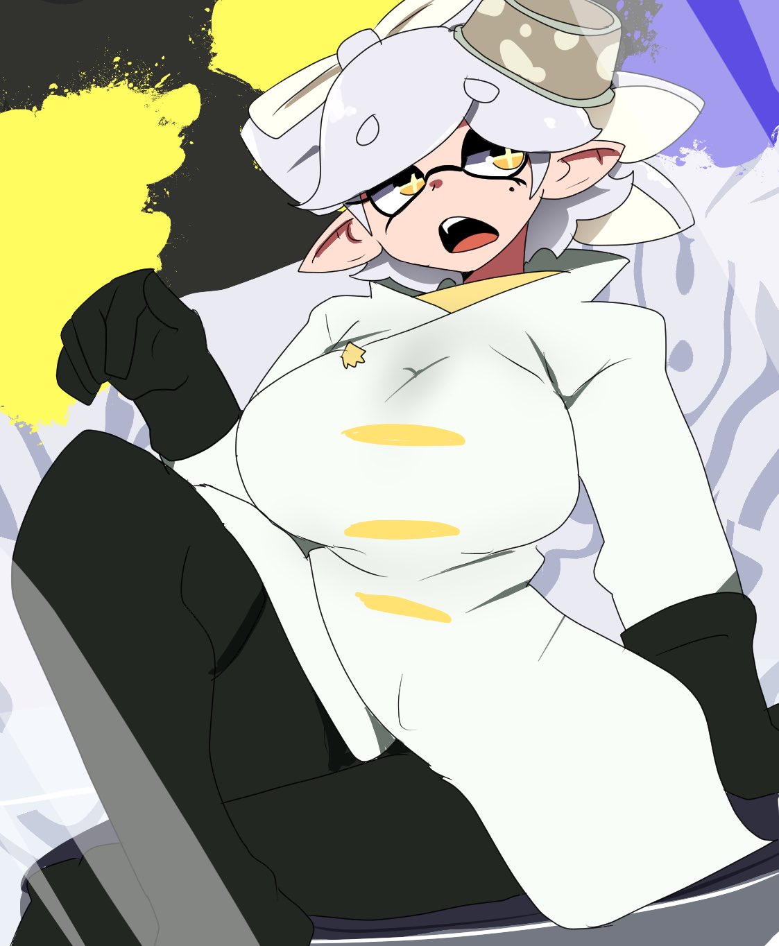 1girls alternate_costume black_gloves breasts chicken_rib gloves inkling inkling_girl marie_(alterna) marie_(splatoon) mole mole_under_eye nintendo official_alternate_costume open_mouth pointy_ears solo solo_female solo_focus splatoon splatoon_3 splatoon_3:_return_of_the_mammalians tentacle tentacle_hair yellow_eyes