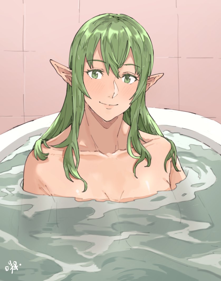 1girls alternate_hairstyle bangs bath bathing bathtub blush breasts closed_mouth collarbone commentary completely_nude covering english_commentary female female_only fire_emblem fire_emblem_awakening green_eyes green_hair hair_between_eyes hair_down in_water indoors large_breasts lips long_hair looking_at_viewer nintendo nude partially_submerged pink_lips pointy_ears sakuremi signature smile solo tiki_(adult)_(fire_emblem) tiki_(fire_emblem) water wet wet_hair