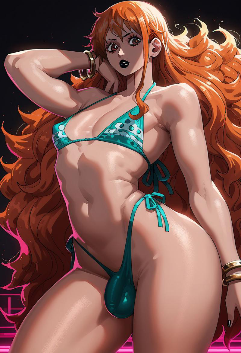 ai_generated axred7_style bikini black_lipstick bulge eyeshadow femboy makeup male male_only nami nami_(one_piece) nikolgreen one_piece orange_hair otoko_no_ko otokonoko stable_diffusion thick_thighs trap