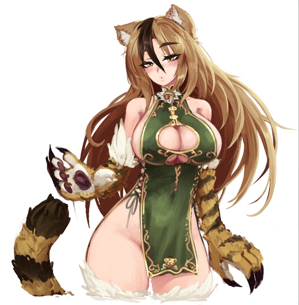 1girls animal_ear_fluff animal_ears animal_hands bangs barbariank bare_shoulders bell black_hair blonde_female blush breasts brown_eyes brown_hair china_dress chinese_clothes claws cleavage_cutout clothing_cutout cowboy_shot cross-laced_clothes cross-laced_cutout dress eyes_visible_through_hair female fur groin hair_between_eyes jingle_bell jinko_(monster_girl_encyclopedia) large_breasts long_hair looking_at_viewer monster_girl monster_girl_encyclopedia multicolored_hair neck_bell no_panties nose_blush paws side_slit sideboob sideless_outfit simple_background slit_pupils solo streaked_hair striped_tail tail tiger_ears tiger_girl tiger_paws tiger_tail two-tone_hair white_background