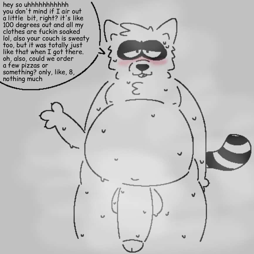 anthro balls belly big_balls big_belly big_penis blush bodily_fluids comic_sans dialogue genitals huge_balls huge_cock male male_focus male_only male_solo mammal monochrome moobs musk_clouds nude overweight penis procyonid raccoon simple_background solo solo_male sweat sweaty_balls sweaty_belly sweaty_genitalia synaheav text