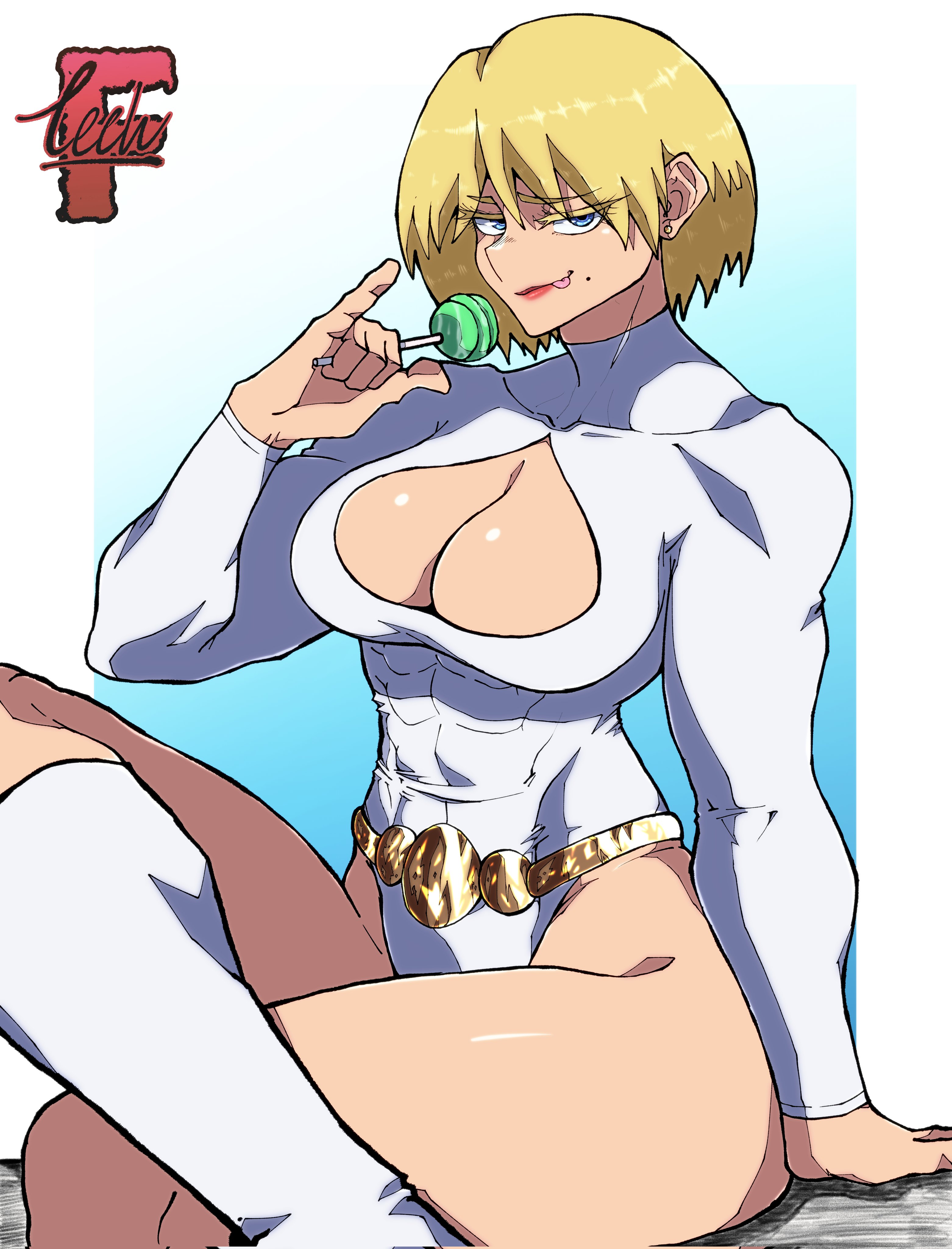 1girls, abs, artist request, big breasts, blonde hair, blue eyes, breasts, cleavage cutout, dc, dc comics, female, florintech, galatea, huge breasts, justice league unlimited, lolipop, solo, solo female, superman (series), wide hips