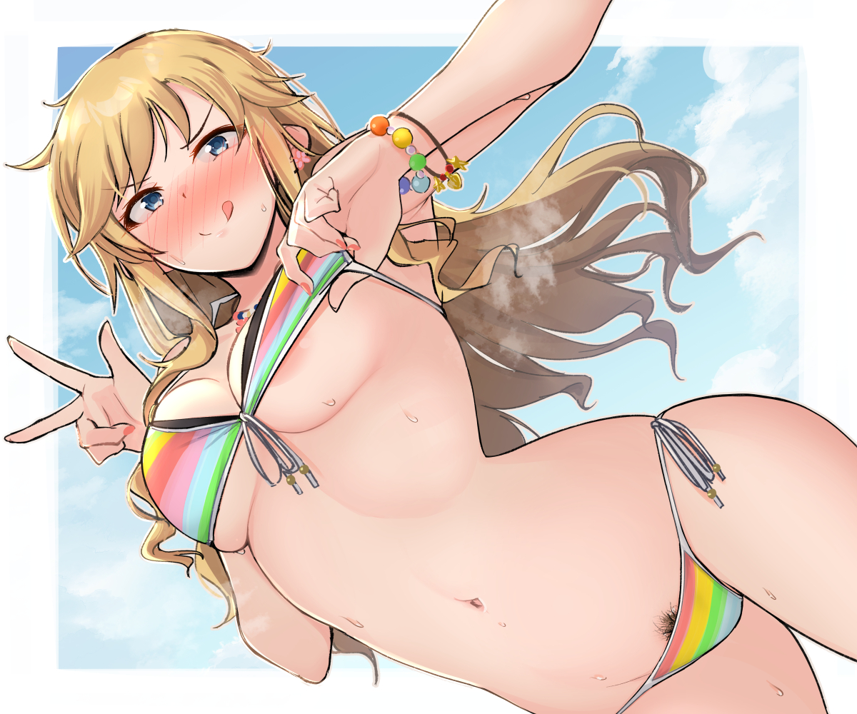 :q, 1girls, areola slip, bead bracelet, bead necklace, beads, bikini, bikini lift, blonde female, blonde hair, blue eyes, blush, bracelet, breasts, cleavage, clothes lift, female, female only, female pubic hair, idolmaster, idolmaster cinderella girls, jewelry, large breasts, long hair, looking at viewer, navel, necklace, ohtsuki yui, ohtsuki yui (swimsuit), ootsuki yui, outdoors, pubic hair, pubic hair peek, rainbow bikini, shirota mizuki, side-tie bikini, sky, smile, solo, solo female, string bikini, striped, striped bikini, sunlight, sweat, swimsuit, tongue, tongue out, v, wavy hair, wet