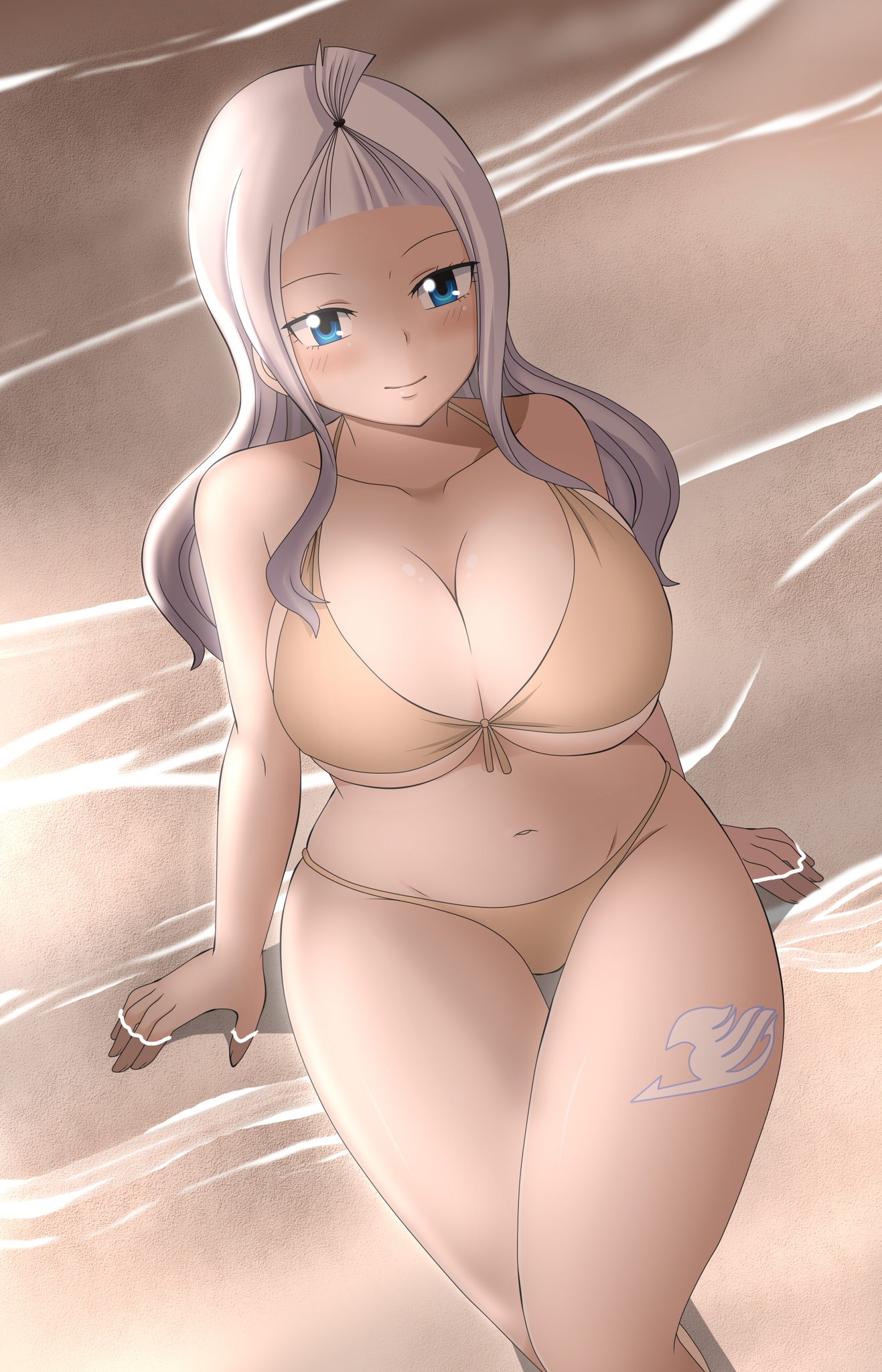1girls, beach, big breasts, bikini, blue eyes, breasts, dmayaichi, fairy tail, fairy tail mark, female, leg tattoo, light skin, light-skinned female, long hair, looking at viewer, mirajane strauss, pale skin, pale-skinned female, smile, tattoo, tattoo on leg, tattoo on legs, tattooed leg, water, white hair, white tattoo, white-haired female, wide hips, yellow bikini