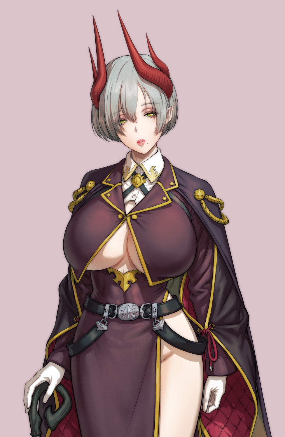 beauty_mark big_breasts breasts cane clothed demon demon_girl demon_horns devil devil_girl devil_horns dressed e_i_s_h_u_n_(artist) gloves grey_hair hips huge_breasts large_breasts lips milf mole mole_under_mouth plump_lips revealing_clothes silver_hair tagme thick_lips thigh underboob walking_cane walking_stick