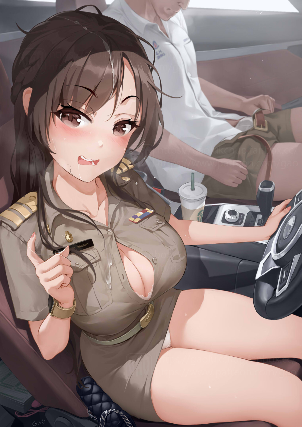 1boy 1girls after_fellatio bag belt blush boxers bra bra_peek breasts brown_eyes brown_hair car_interior cleavage clothes_lift collared_shirt cum cum_on_clothes cum_on_hair dressing drink drinking_straw female gao-lukchup gao_(gaolukchup) gaolukchup girl_with_mole_(gaolukchup) handbag head_out_of_frame highres large_breasts long_hair male male_underwear old_man open_mouth original original_character panties panty_peek partially_unbuttoned police police_uniform shirt short_sleeves sitting skirt skirt_lift solo_focus steering_wheel teeth thighs too_small_clothes undersized_clothes underwear uniform upper_teeth watch watermark white_bra white_panties white_shirt wristwatch