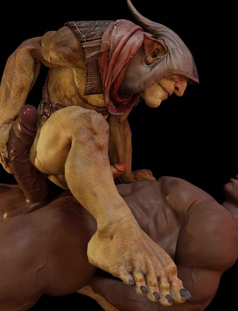 ass balls black_toenails duo feet genitals goblin goblin_male grin hi_res hood human humanoid ictonica looking_at_another lying male male/male mammal of_orcs_and_men on_back on_lap penis scarf sitting smile styx_(of_orcs_and_men) teeth unfinished