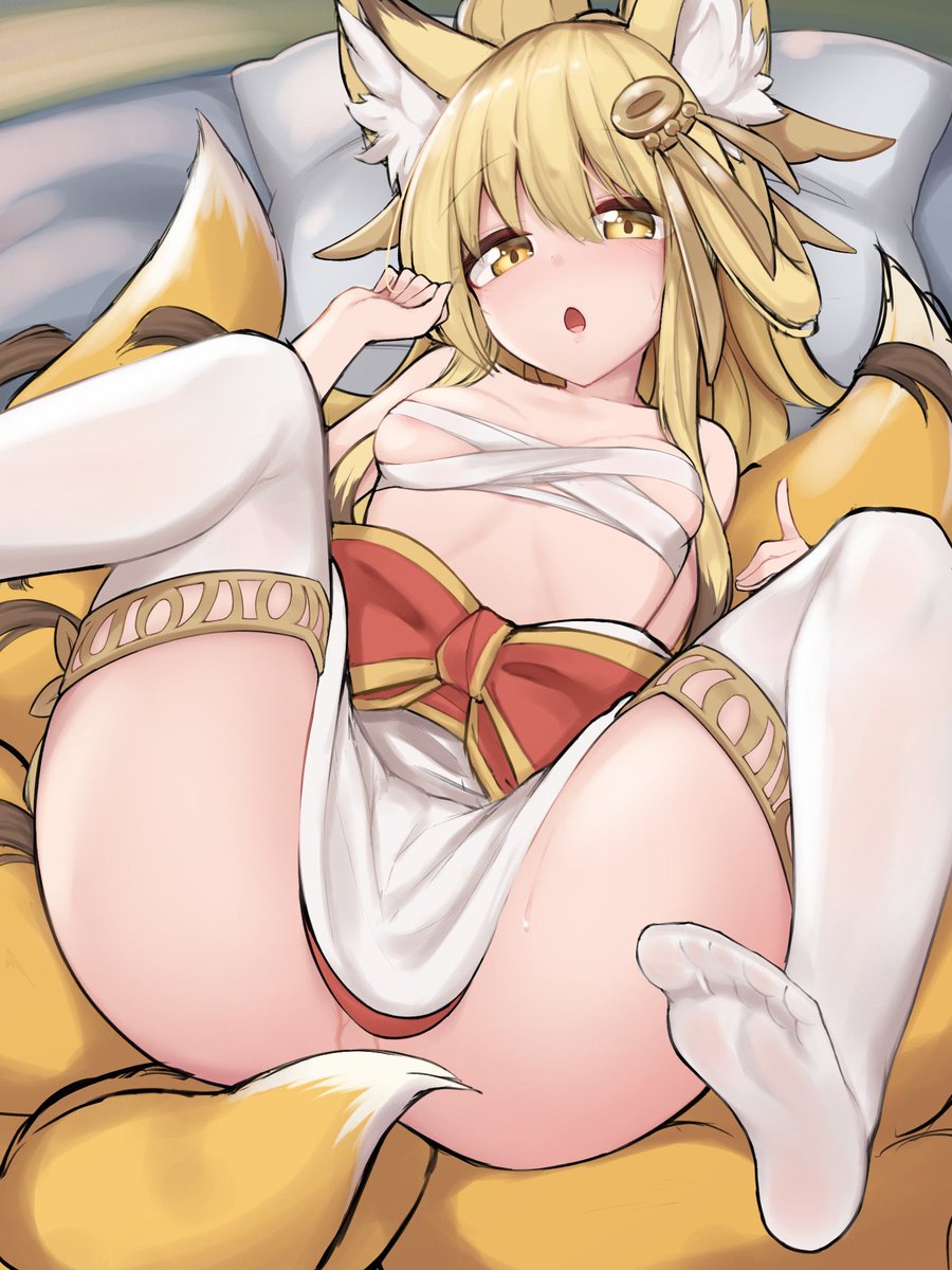 1girls ass breasts fox_ears fox_tail futon himeyuri_(the_battle_cats) kitsune legwear looking_at_viewer multiple_tails ribbon sarashi solo solo_female tagme the_battle_cats thick_thighs thighs tsujill white_legwear yellow_eyes yellow_fur yellow_hair