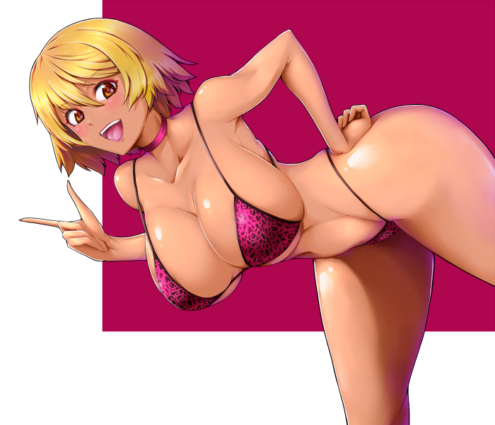 blonde_hair brown_eyes choker cleavage dark-skinned_female dark_skin ganguro gyaru large_breasts leopard_print leopard_print_bikini original plump pointing shimesaba7572 tanned v