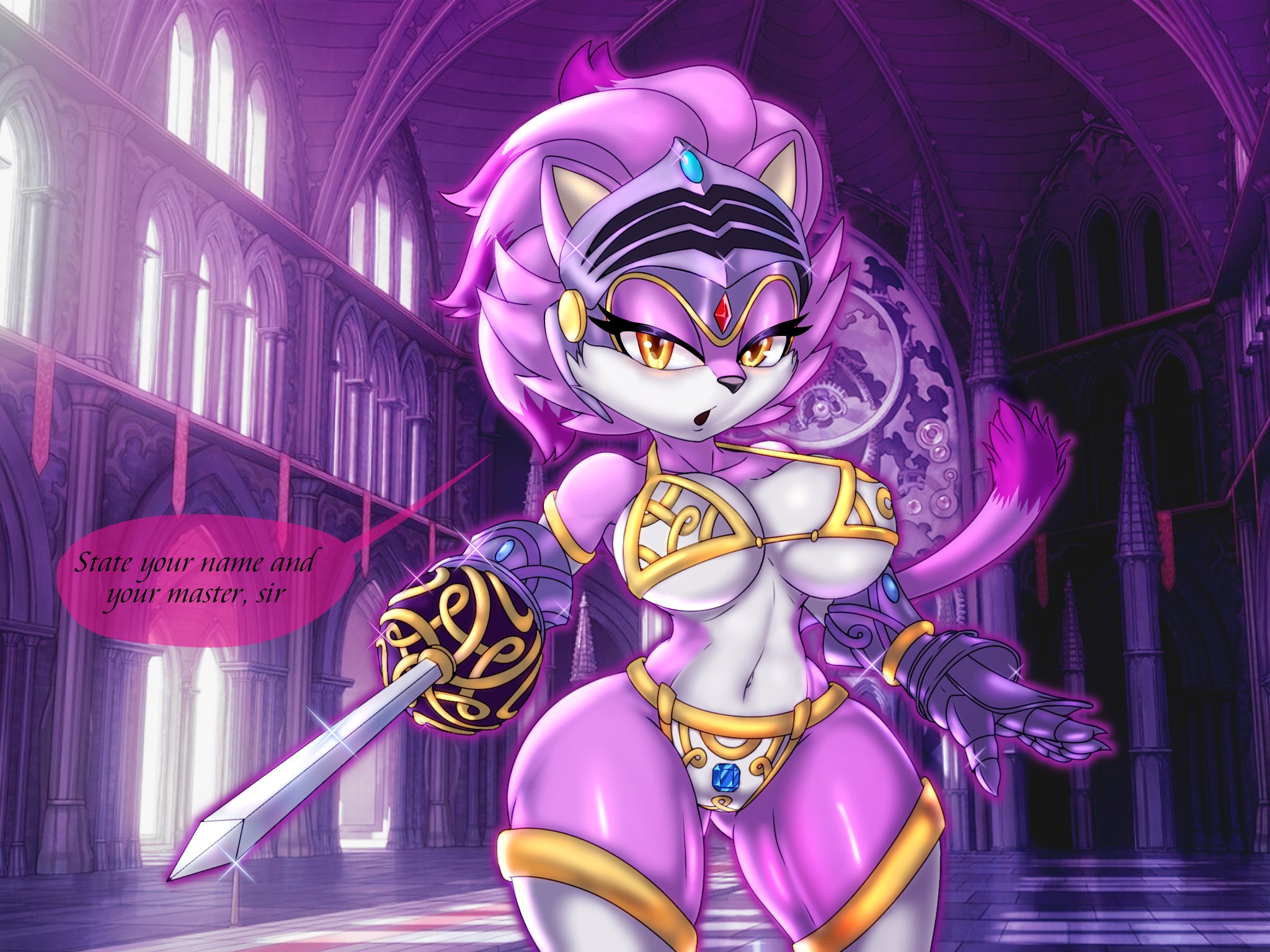 4:3, anthro, armor, armored boots, armored gloves, barely sly, big breasts, bikini, bikini bottom, bikini top, blaze the cat, breasts, clothed, clothing, cuisse, domestic cat, feline, felis, female, field, gauntlets, gloves, handwear, headgear, helmet, hi res, knight, looking at viewer, mammal, melee weapon, rapier, sega, sir percival (sonic and the black knight), skimpy, solo, sonic (series), sonic and the black knight, sonic storybook series, sonic the hedgehog (series), swimwear, unconvincing armor, weapon