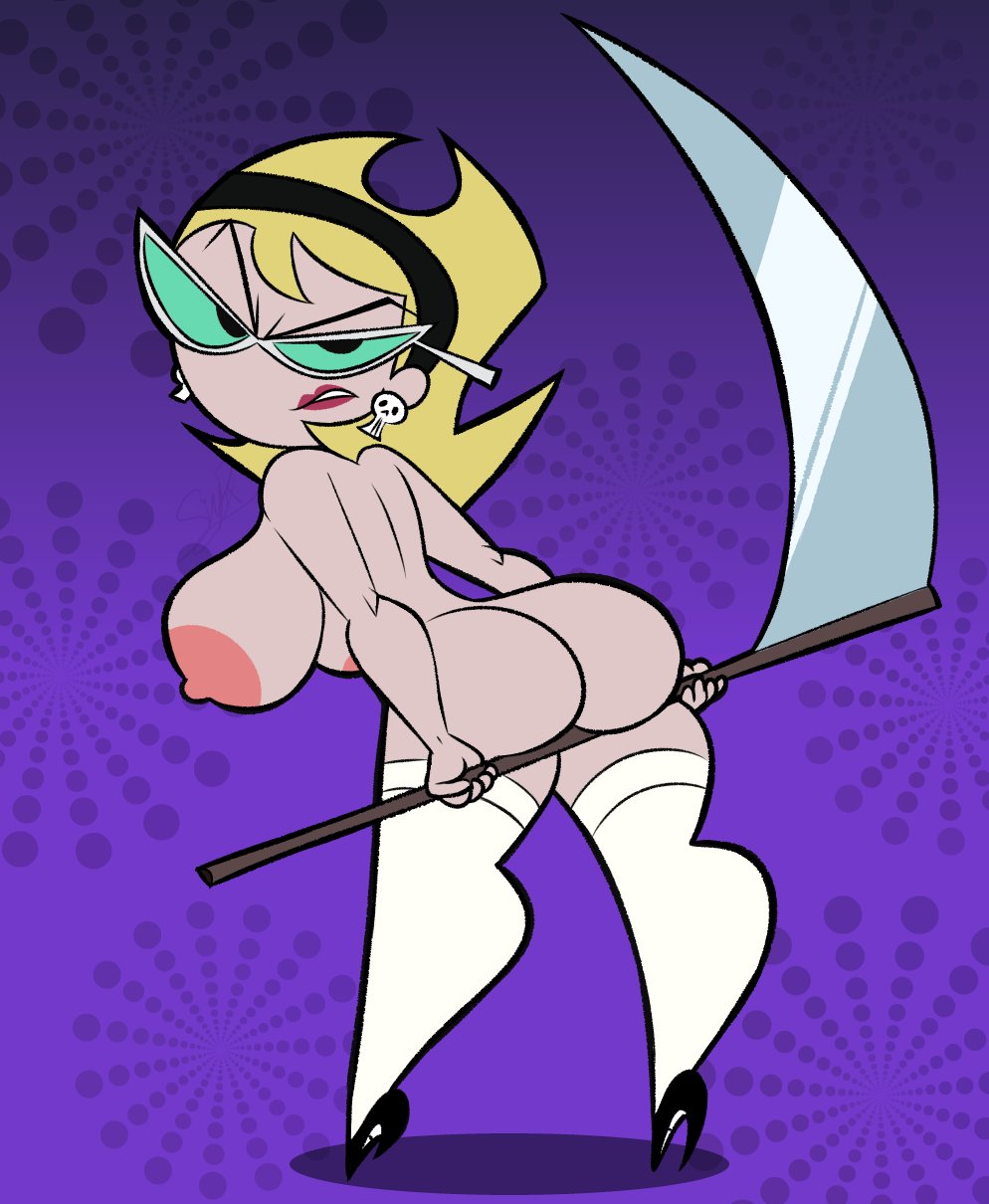 1girls, adult, aged up, ass, big breasts, blonde hair, breasts, cartoon network, completely nude, fat ass, female, female focus, female only, footwear, glasses, gradient background, high heels, light skin, light-skinned female, looking at viewer, mandy (billy and mandy), naked footwear, naked stockings, nude, nude female, pixelzsinful, purple background, scythe, stockings, the grim adventures of billy and mandy, thick thighs, wide hips