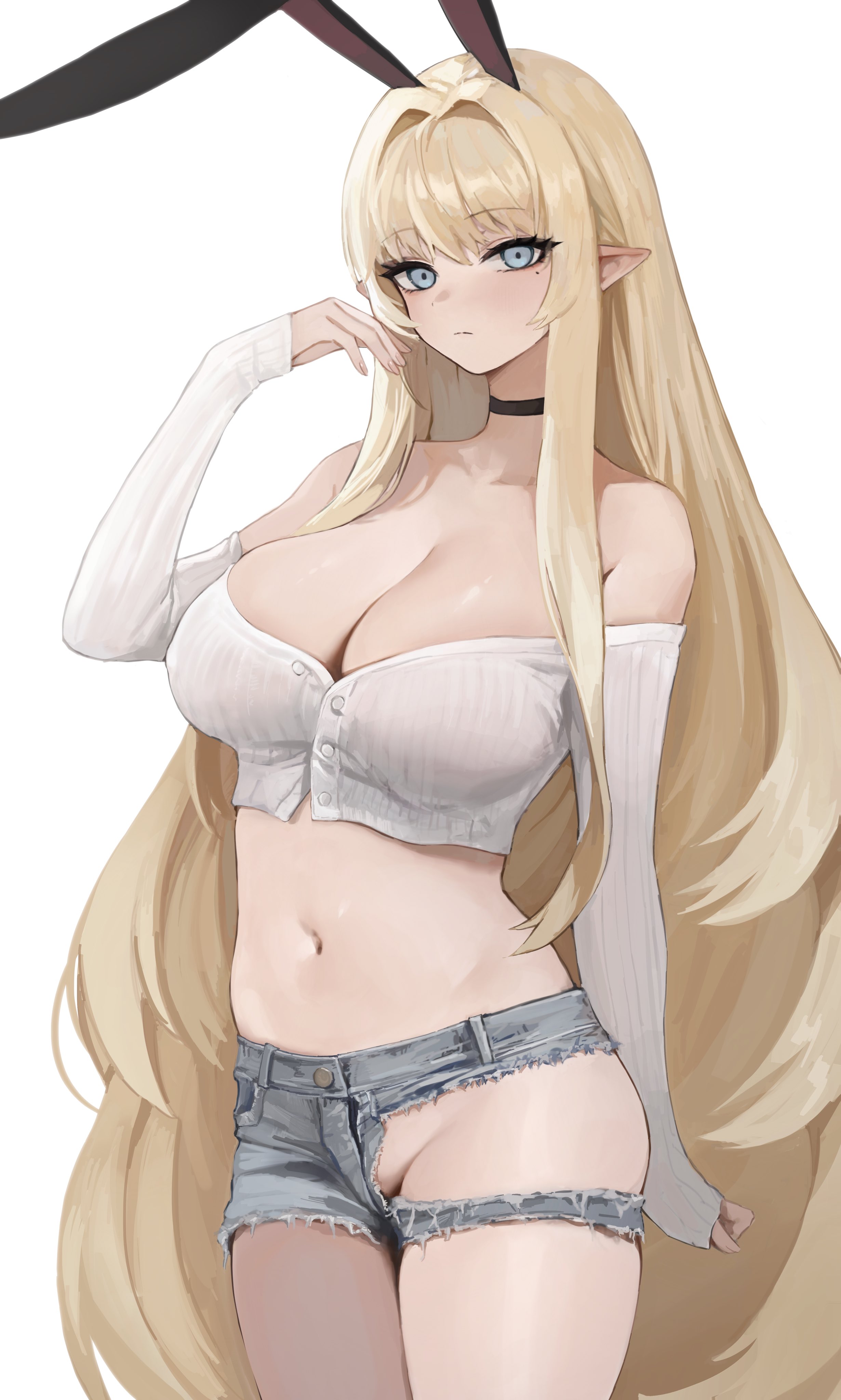 1girls, beauty mark, belly, belly button, big breasts, blonde hair, blue eyes, breasts, bunny ears, cleavage, curves, curvy, curvy body, curvy female, curvy figure, elf, elf ears, elf female, elf girl, eyebrows visible through hair, female, female only, fit, fit female, fungi (fungi542/gompang 11), huge breasts, large breasts, light skin, light-skinned female, long ears, long hair, long sleeves, midriff, mole, mole under eye, no panties, pointy ears, pussy, pussy peek, revealing, revealing clothes, sharp ears, shorts, sleeves, sleeves past wrists, solo, thick, thick thighs, thighs, torn bottomwear, torn clothes, torn clothing, torn pants, torn shorts, tummy, wardrobe malfunction