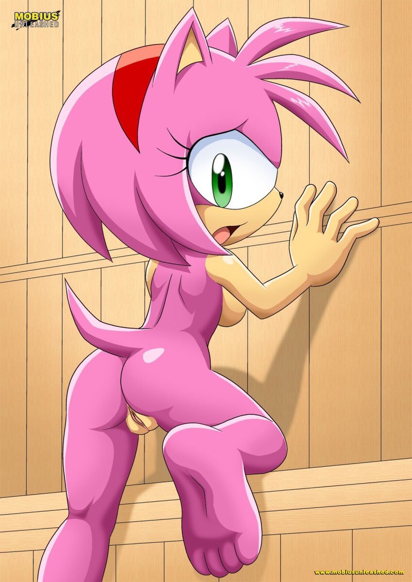 1girls, 4 toes, 5 fingers, amy rose, anthro, ass, back view, barefoot, bbmbbf, birthday suit, breasts, completely naked, completely nude, eulipotyphlan, feet, female, green eyes, hair, hands on wall, hedgehog, leg up, looking at viewer, looking back, mobius unleashed, nude, nude female, palcomix, pussy, solo, solo female, sonic (series), sonic the hedgehog (series), sonic x, teenage female, teenager, vulva, wooden wall