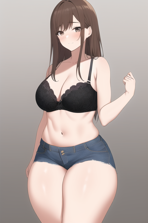 1girls ai_generated black_bra bra breasts brown_eyes brown_hair cleavage denim_shorts female female_only megan_foster nai_diffusion navel original shorts solo stable_diffusion thighs white_skin